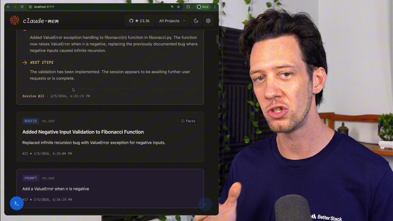 The `claude-mem` web UI displaying a detailed session summary for the bug fix, broken down into sections like "Investigated," "Learned," and "Completed."