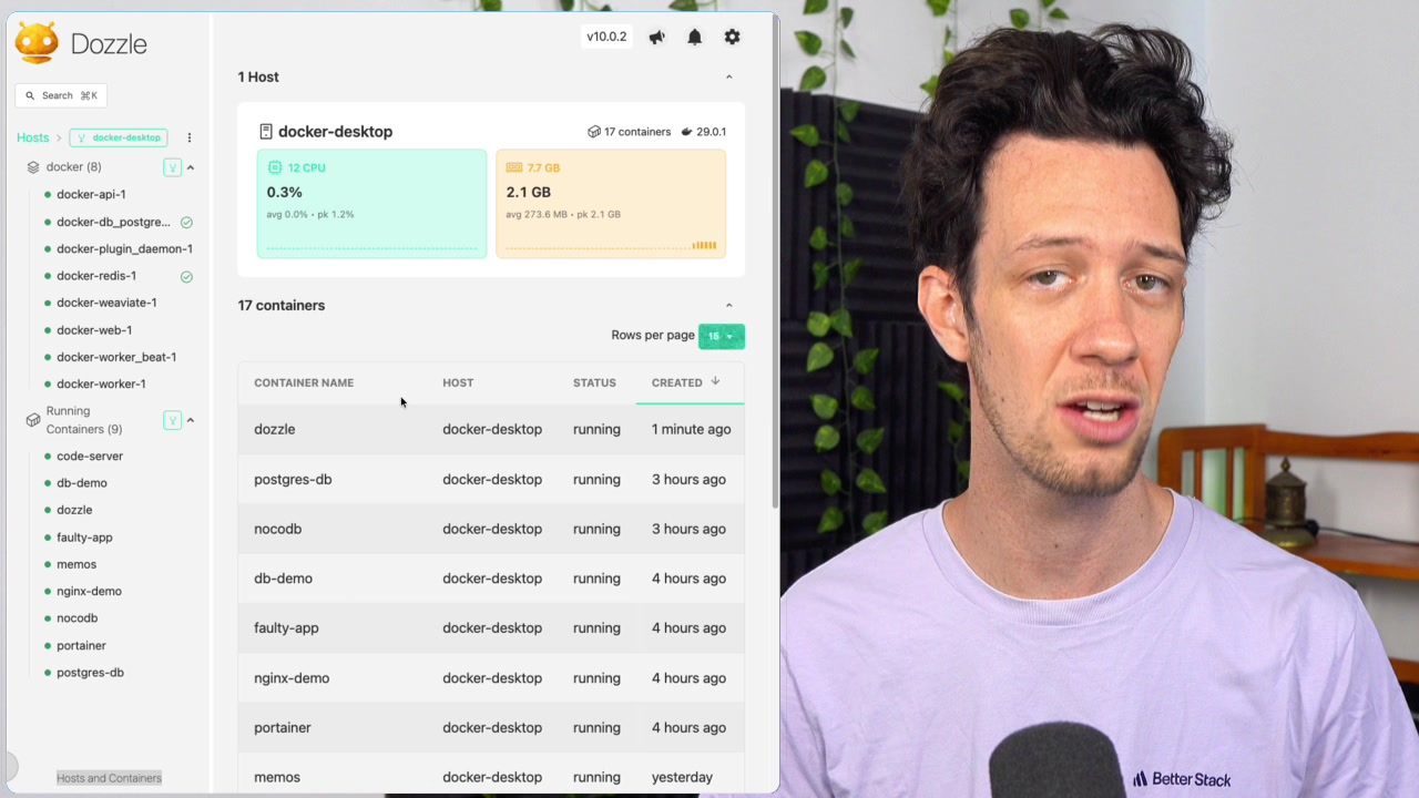 The Dozzle main user interface, showing a list of several running Docker containers.