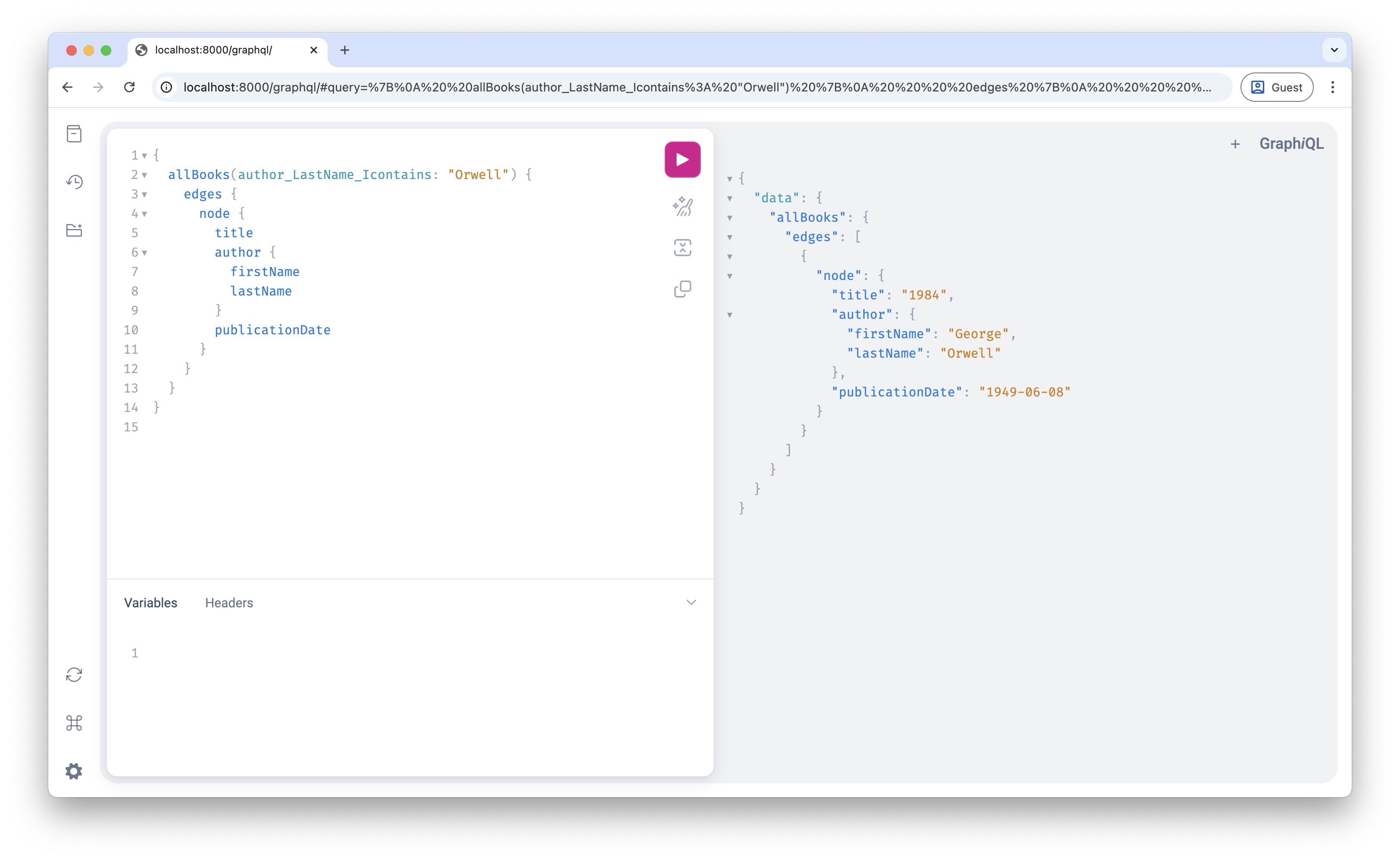 Screenshot showing author-filtered books query results in GraphiQL