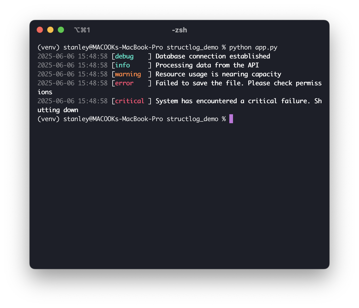 Screenshot showing log messages color-coded by severity level, including info, warning, and error entries