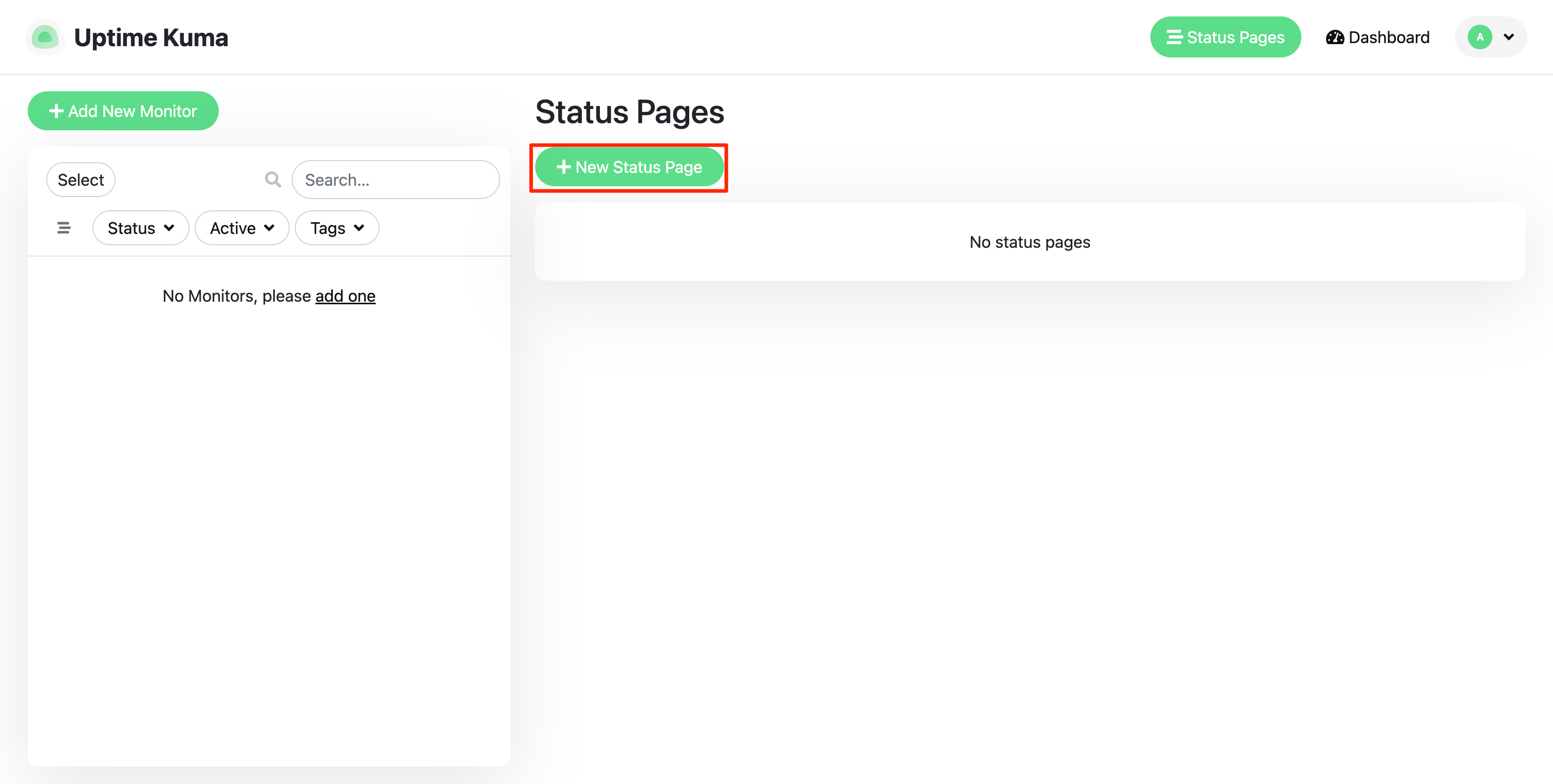 Screenshot showing where to click to create a new status page