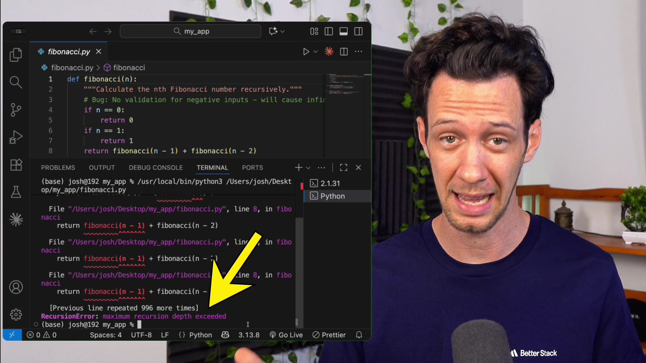 The terminal output clearly showing the `RecursionError: maximum recursion depth exceeded` message.