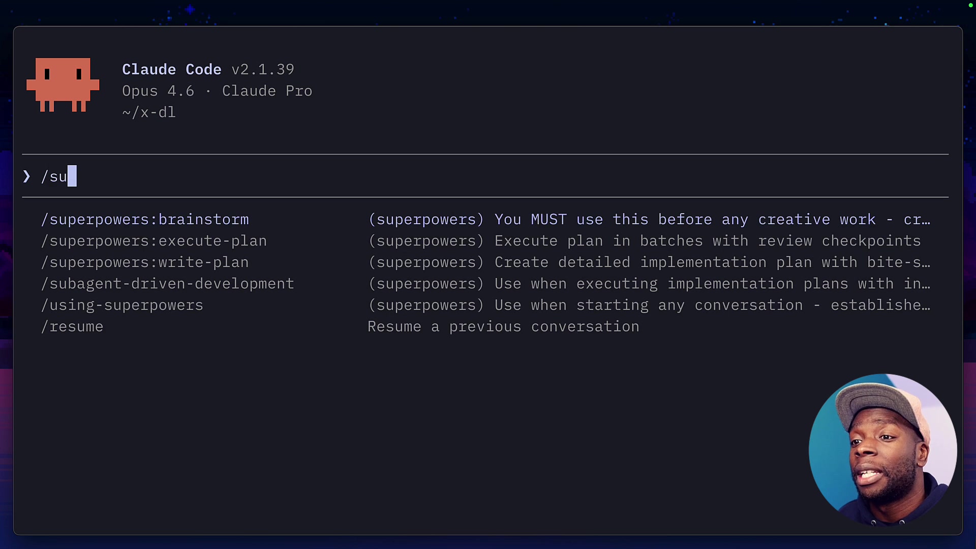 A list of available slash commands, including `/superpowers:brainstorm`, `/superpowers:execute-plan`, and `/superpowers:write-plan`.