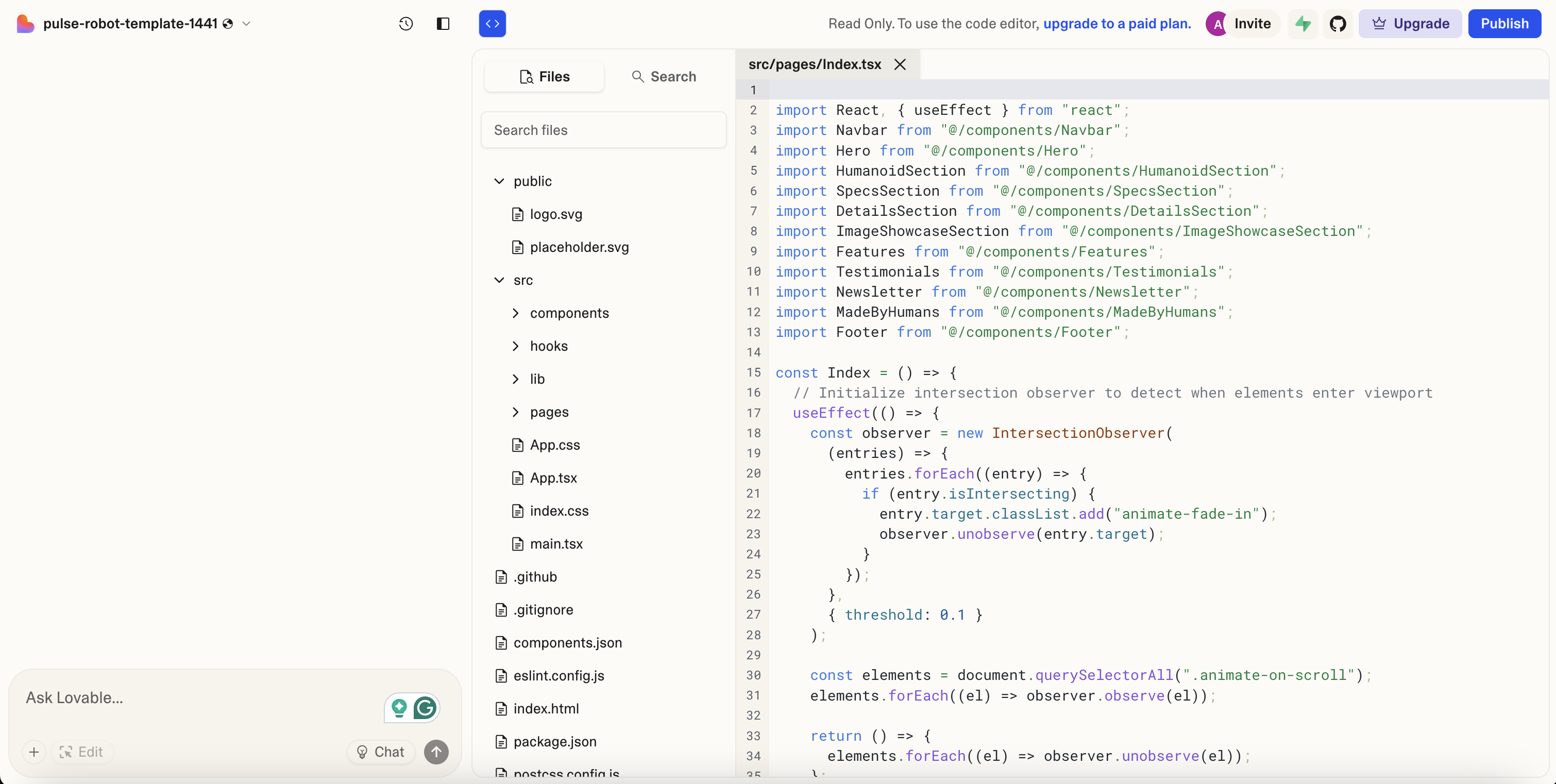 Screenshot of lovable workspace