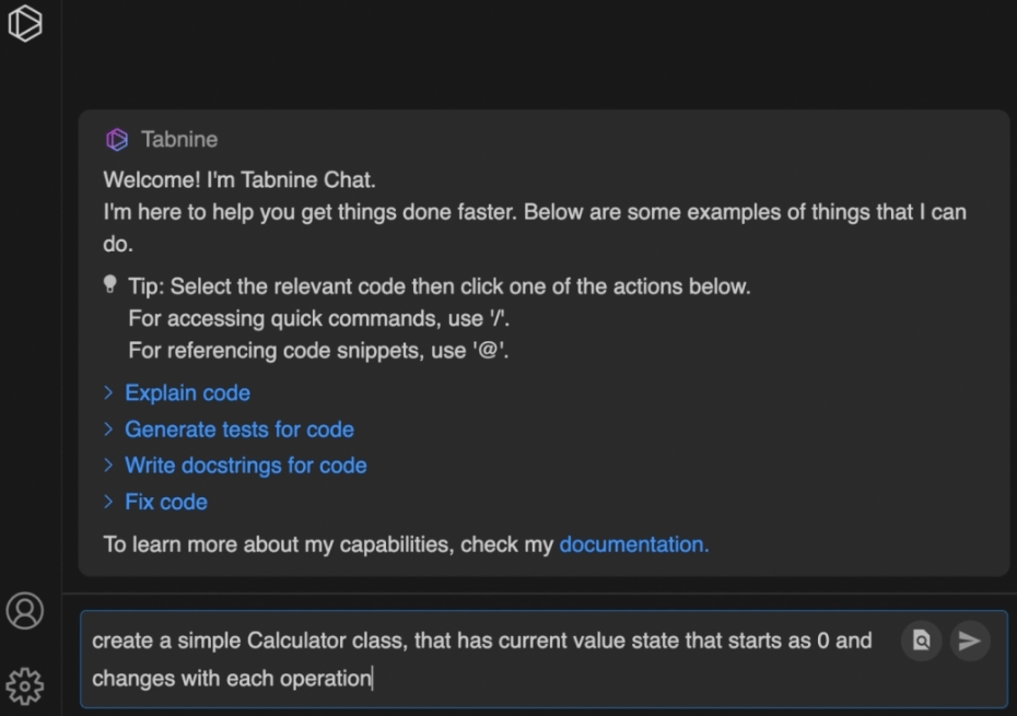 Screenshot of Tabnine chat