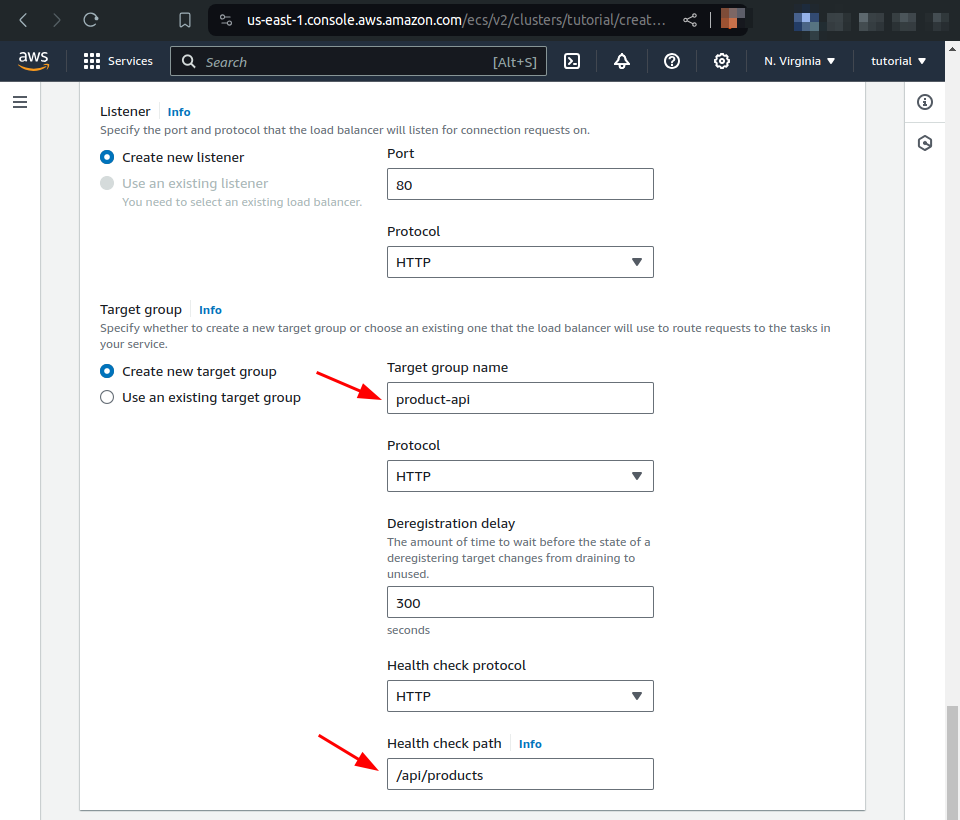 specify target group name and health check path