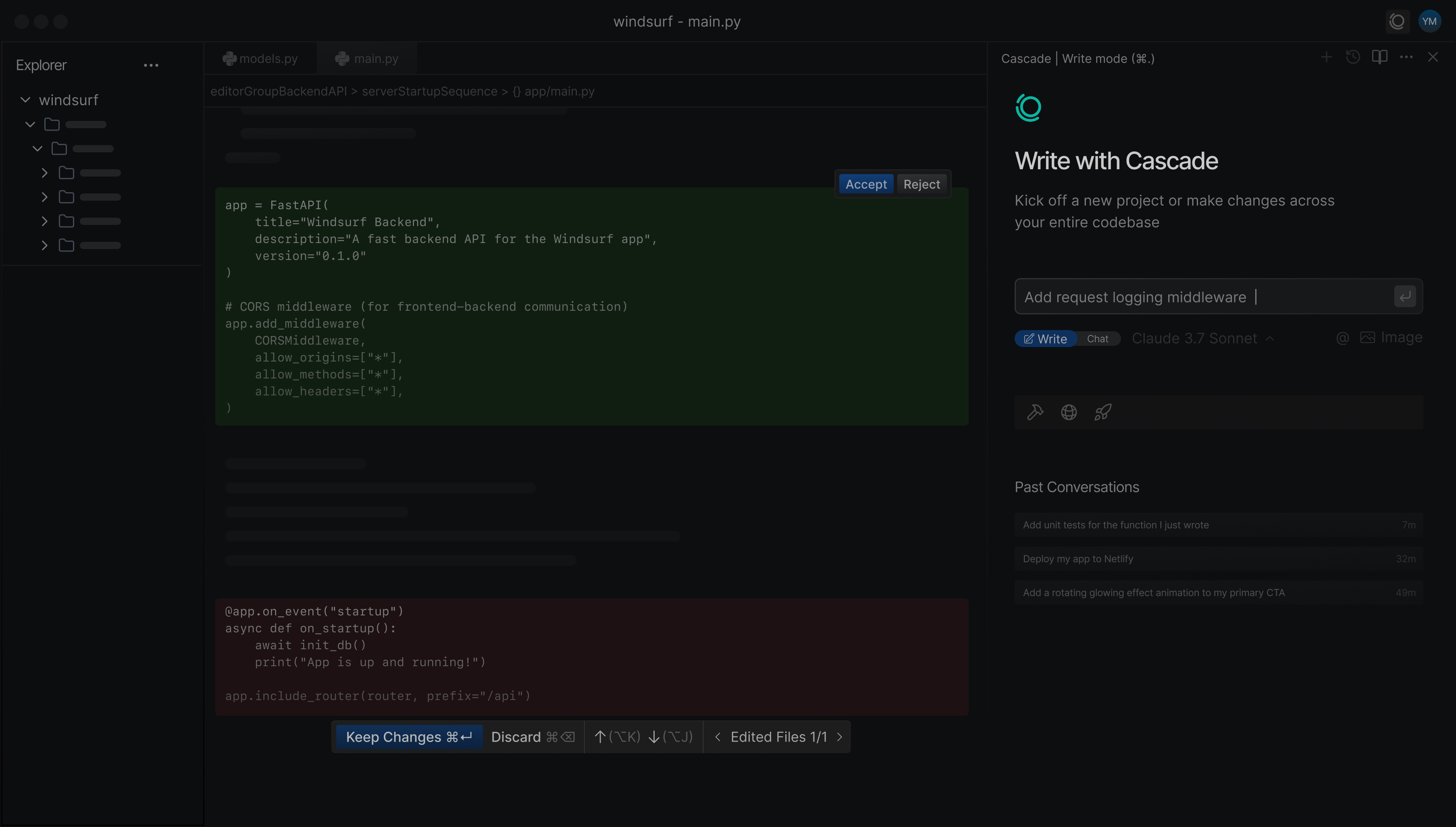 Windsurf development environment showing Cascade AI flows