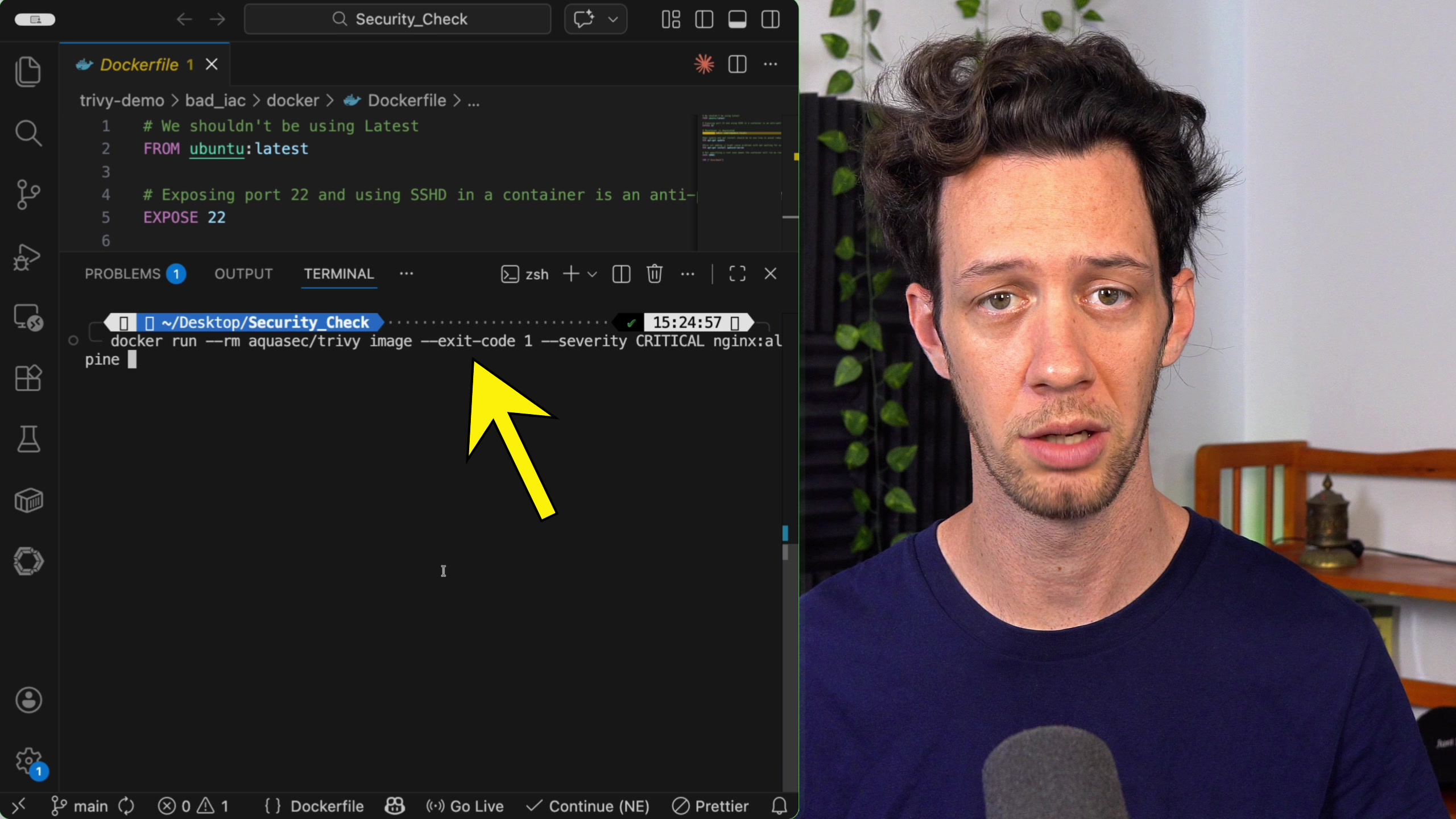 The modified Trivy command, highlighting the addition of the --exit-code 1 flag.