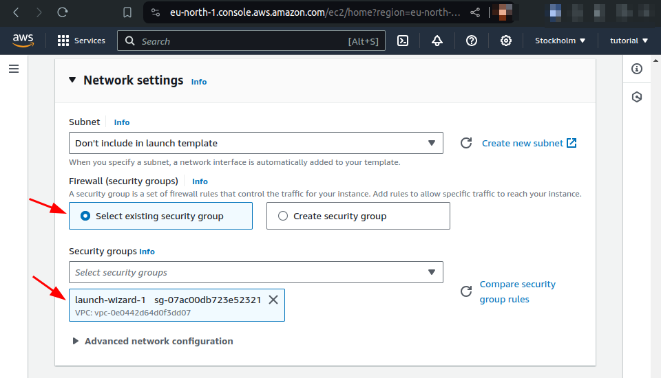 specify security group