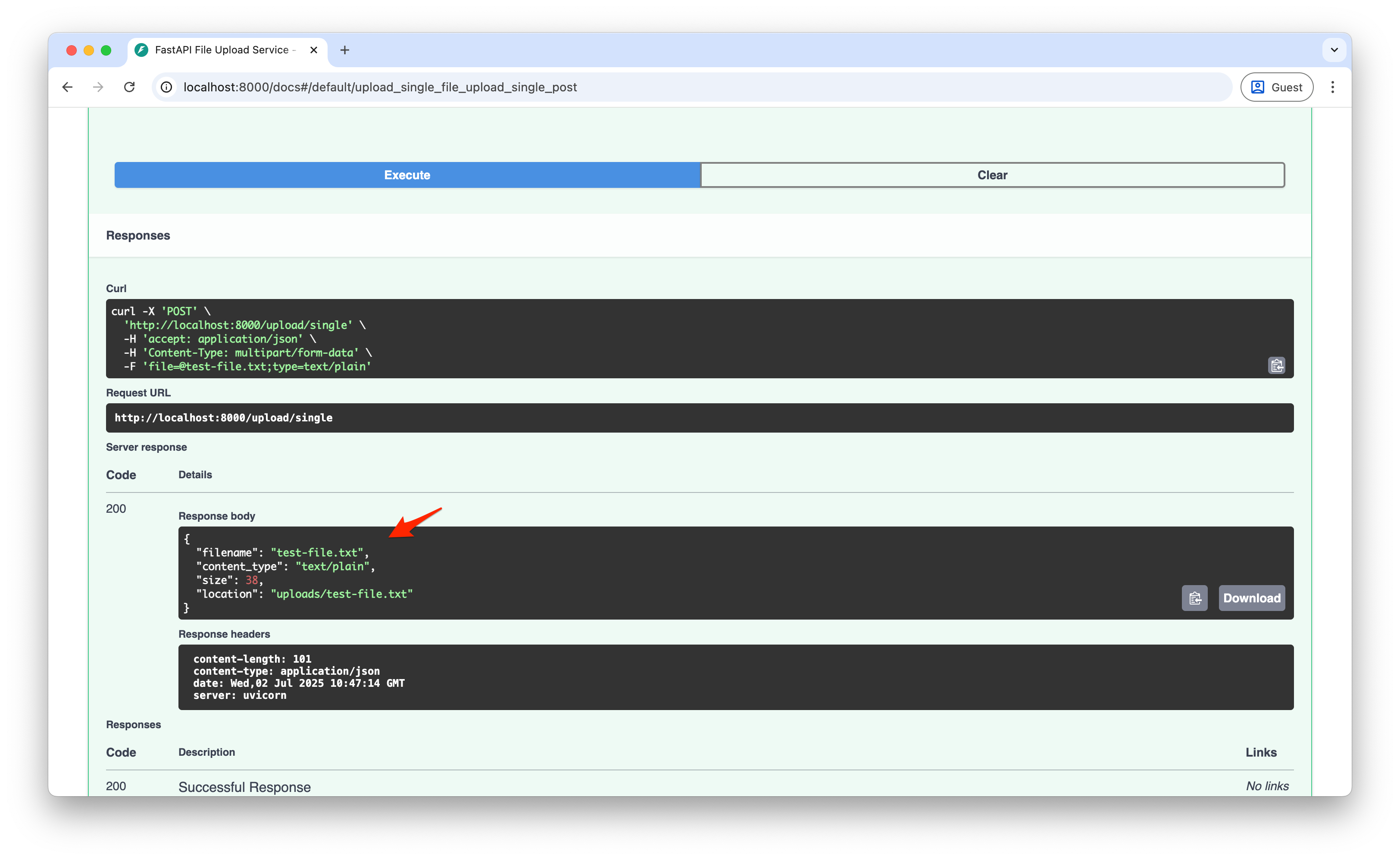 Screenshot showing a successful file upload response in SwaggerUI with JSON output displaying filename, content type, size, and location