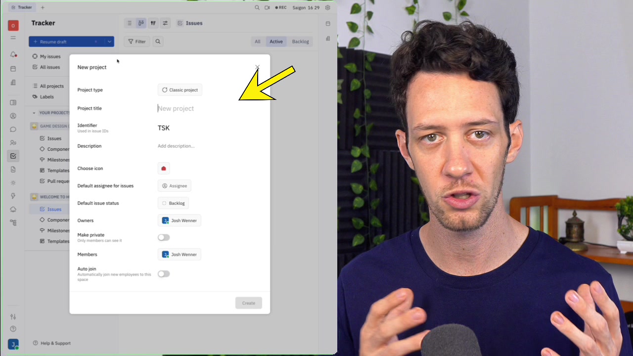 The "New project" creation modal in Huly, showing fields for project title, identifier, description, and member assignments.