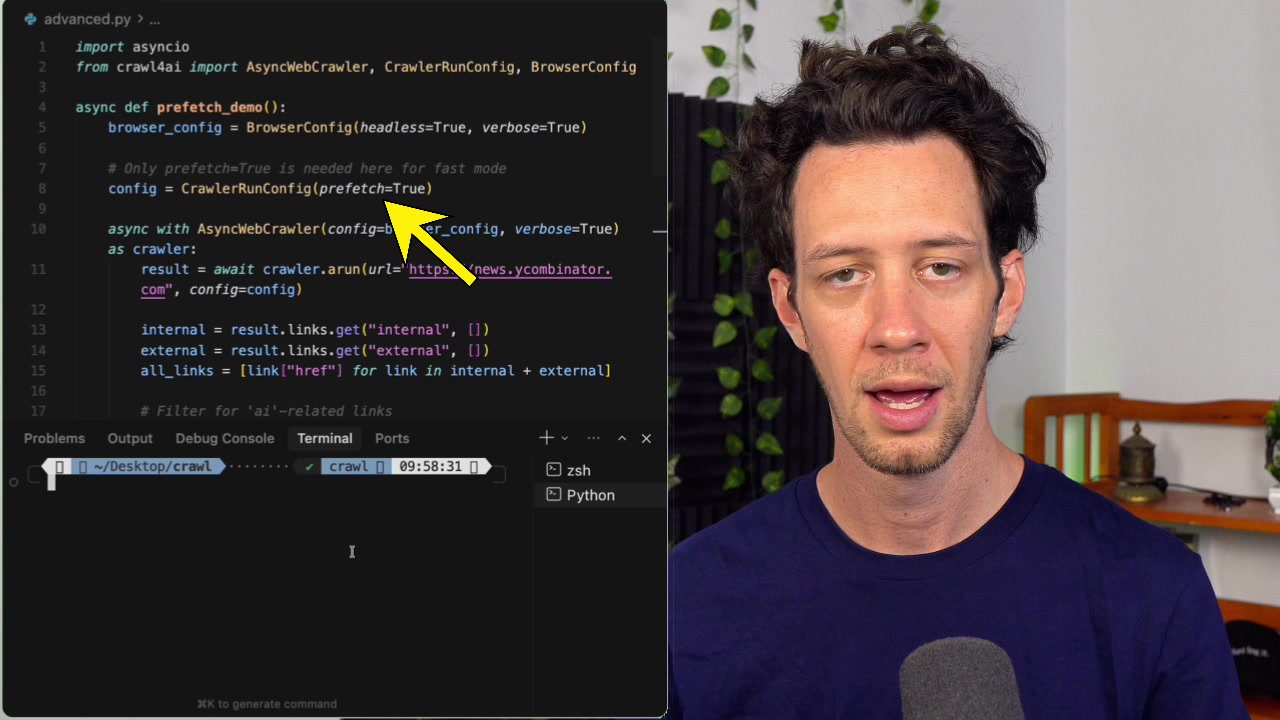 The code snippet highlights the CrawlerRunConfig(prefetch=True) parameter, which is the key to enabling this mode.