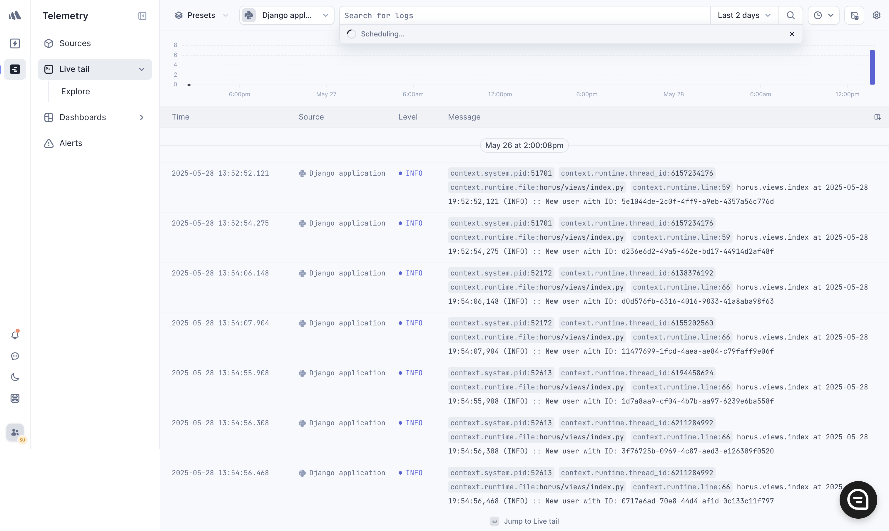 Screenshot of Better Stack Telemetry live tail
