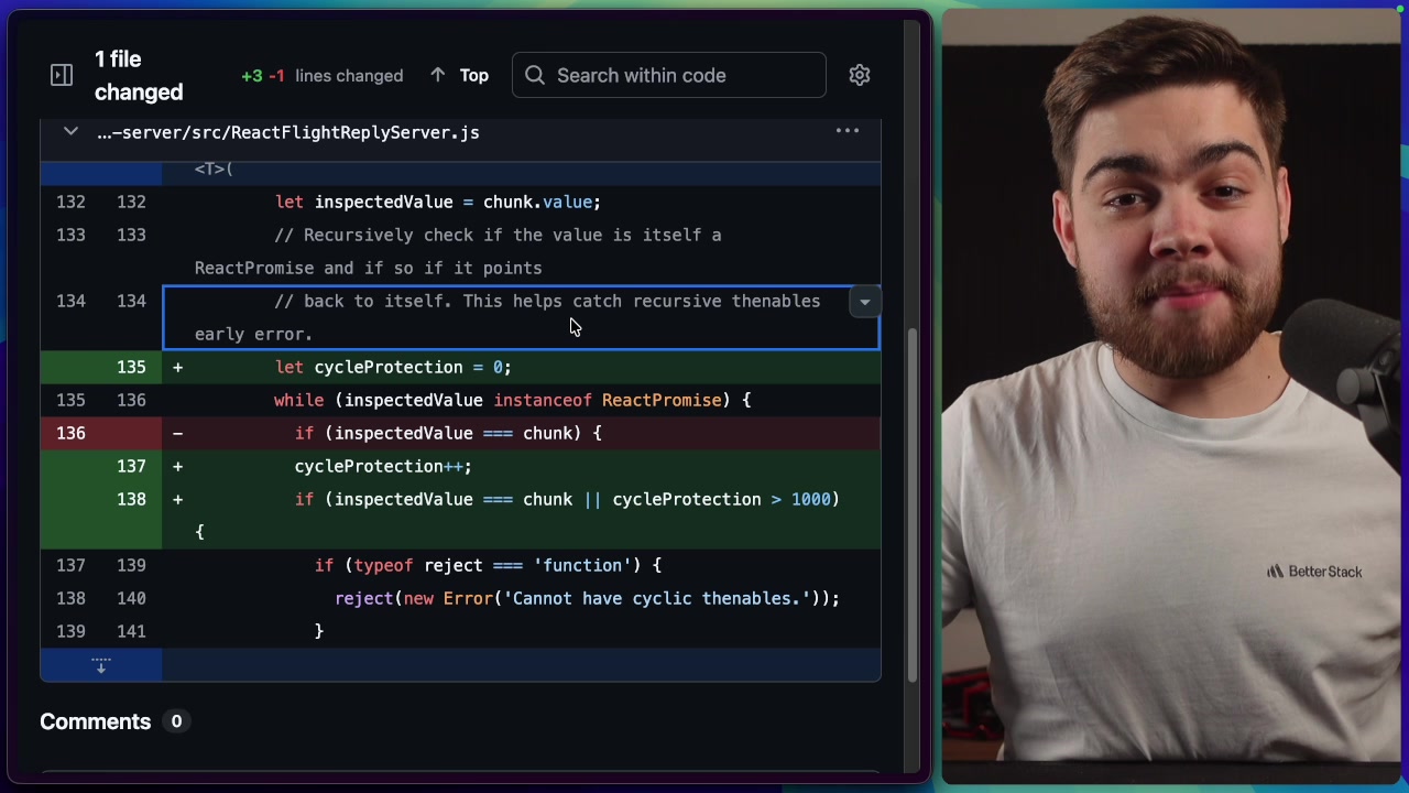 The code changes on GitHub showing the implementation of the `cycleProtection` counter to prevent infinite loops.
