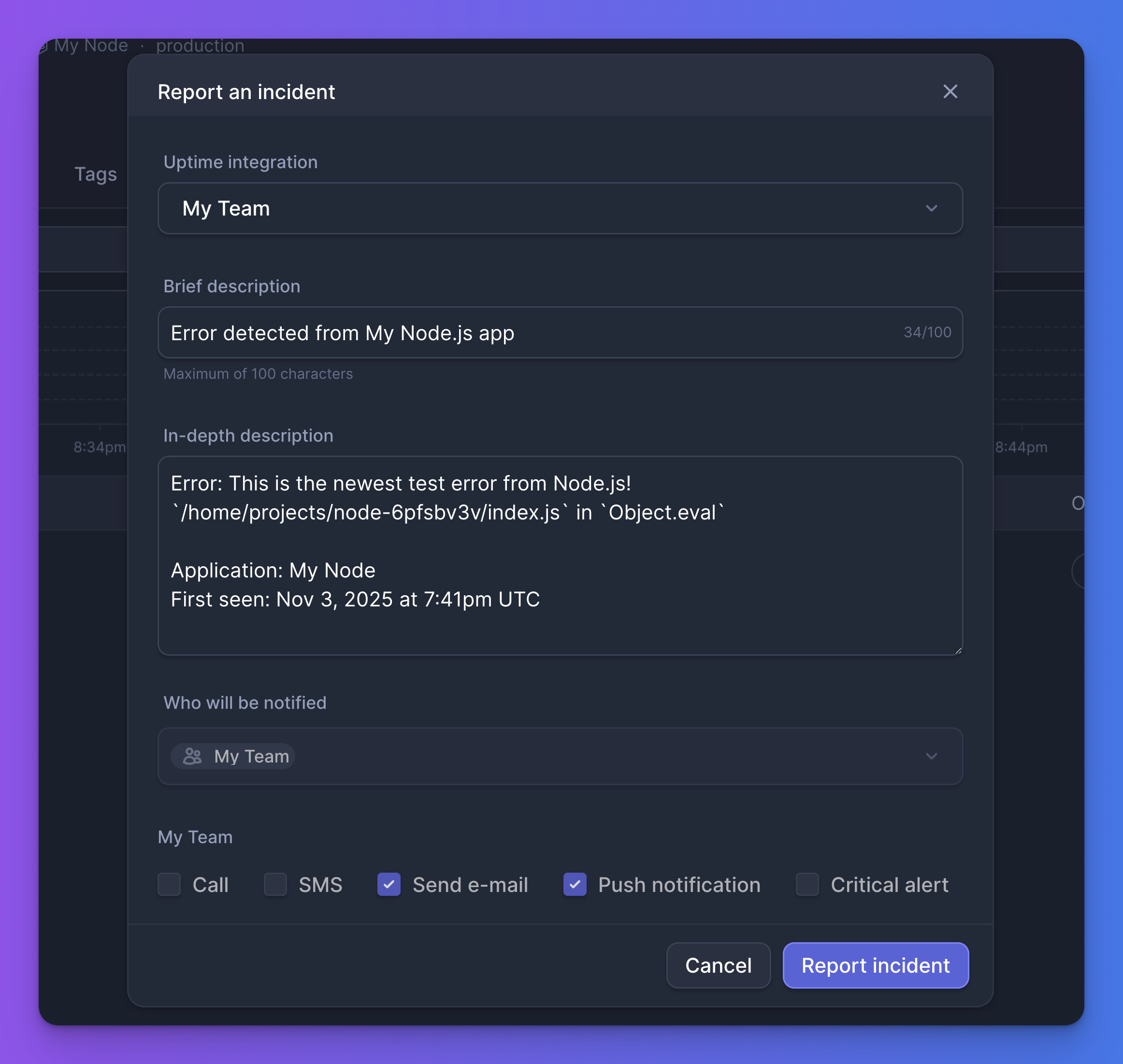 Incident reporting modal