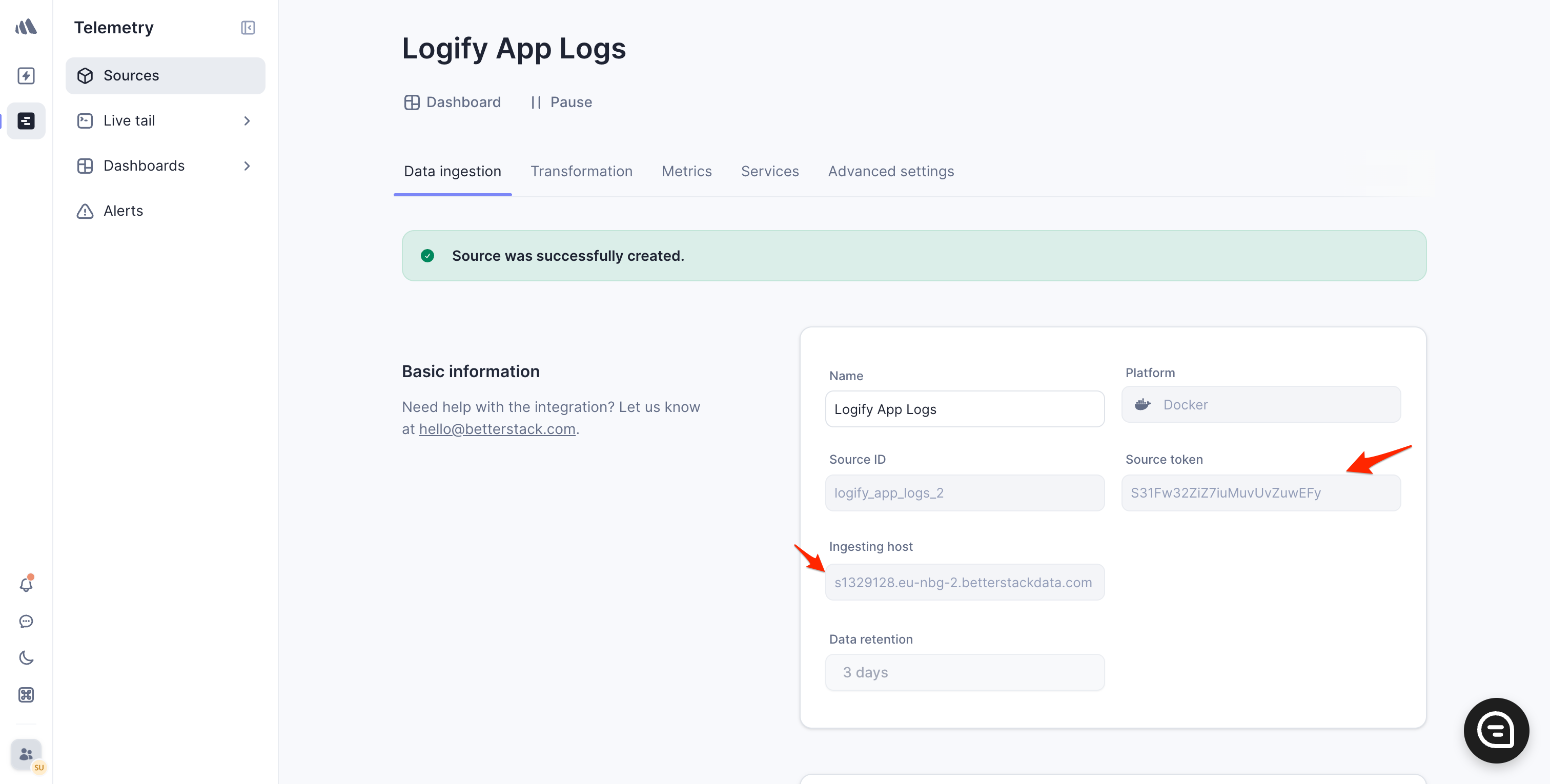 Copy source token and injection host in Better Stack