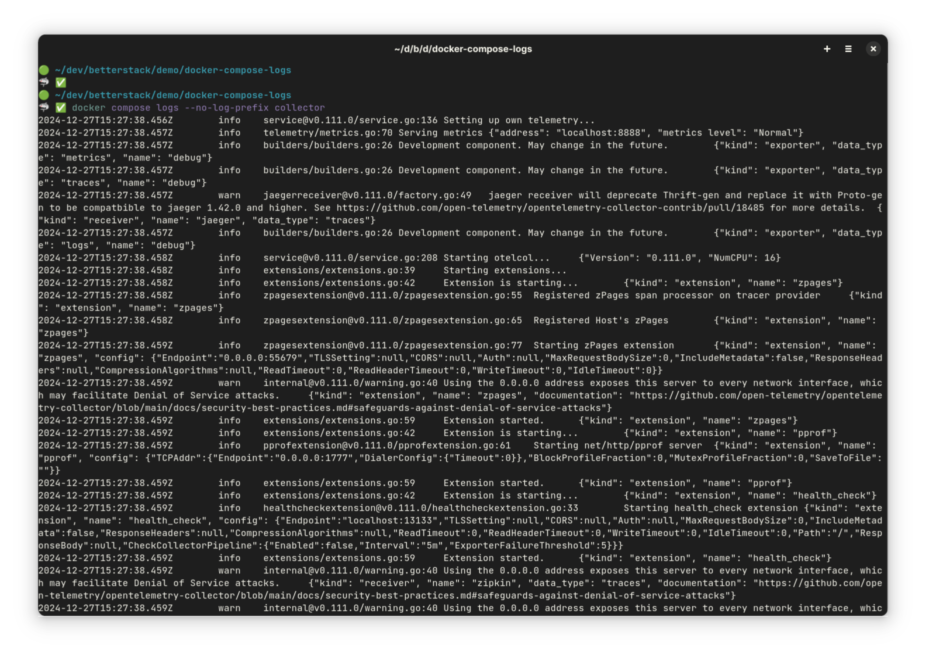 Docker Compose logs showing prefix removed