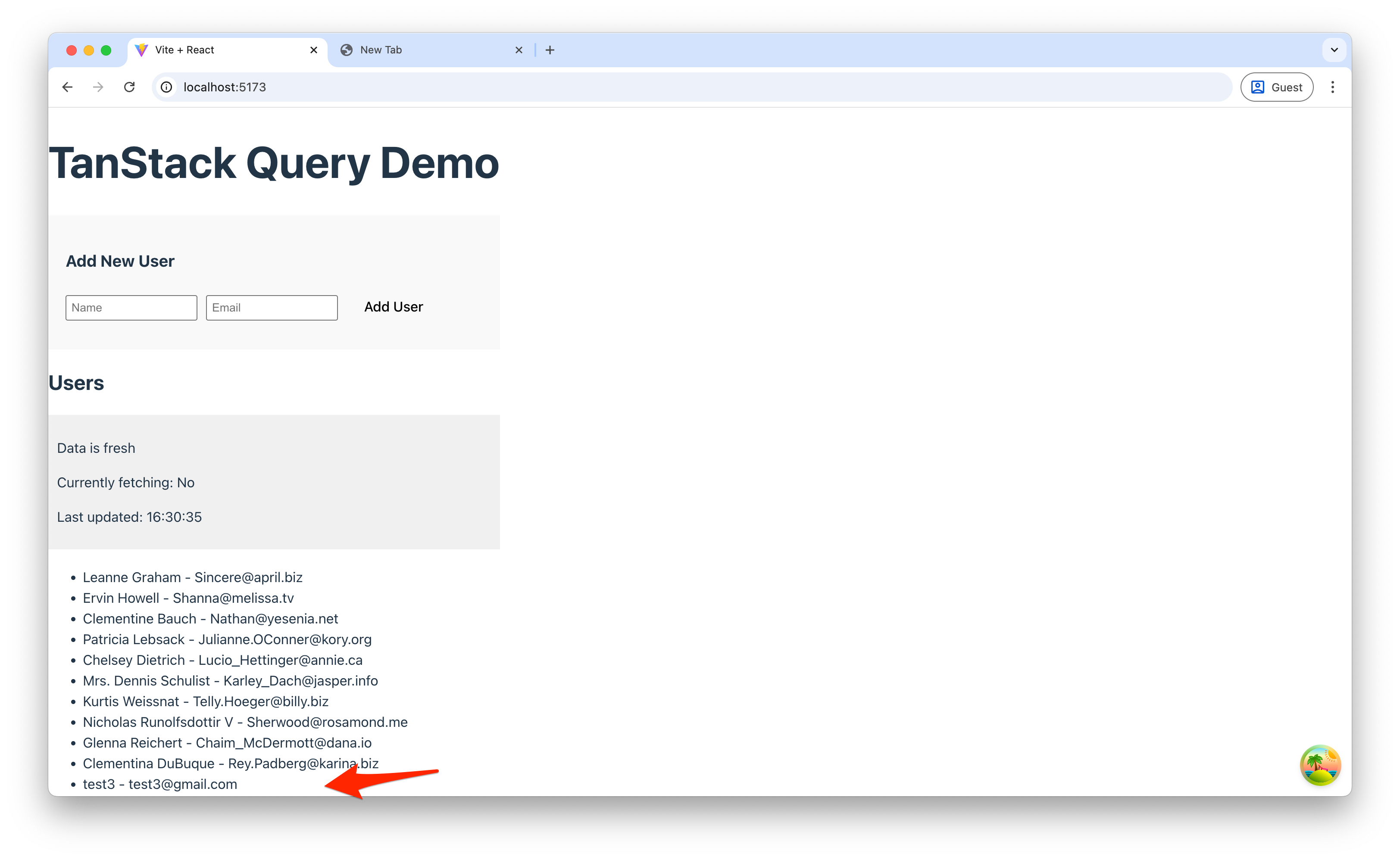 Screenshot showing optimistic updates in action with a new user appearing immediately