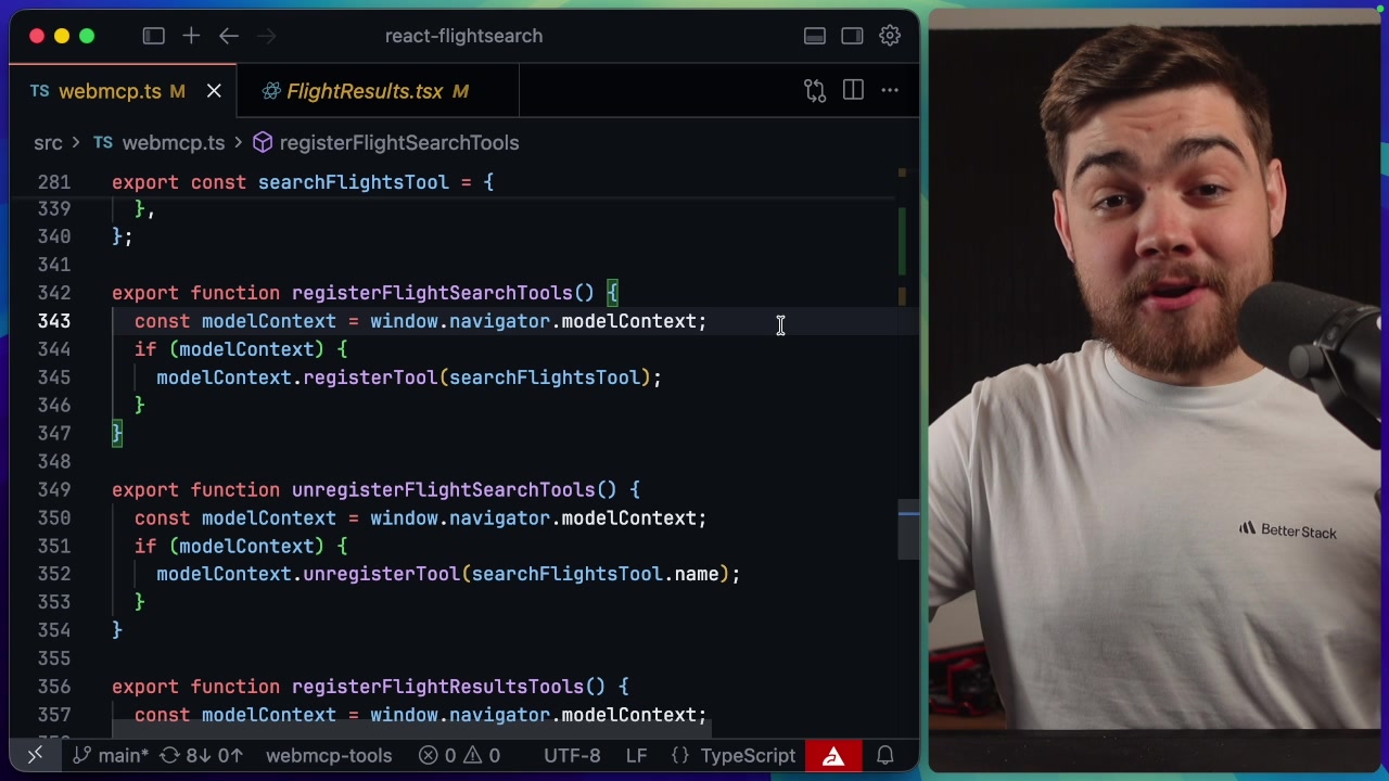A code block showing the `registerFlightSearchTools` function. It highlights the lines `const modelContext = window.navigator.modelContext;` and `modelContext.registerTool(searchFlightsTool);`.