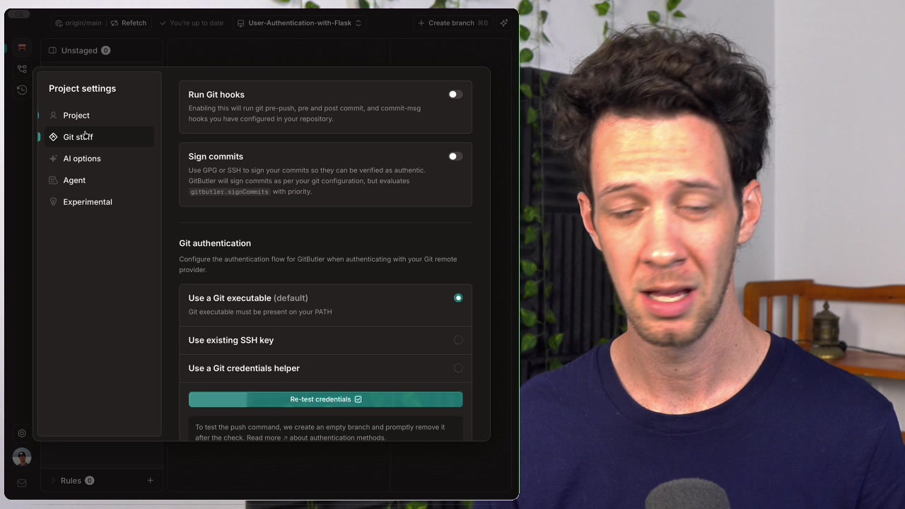 The Git authentication section within the GitButler project settings.