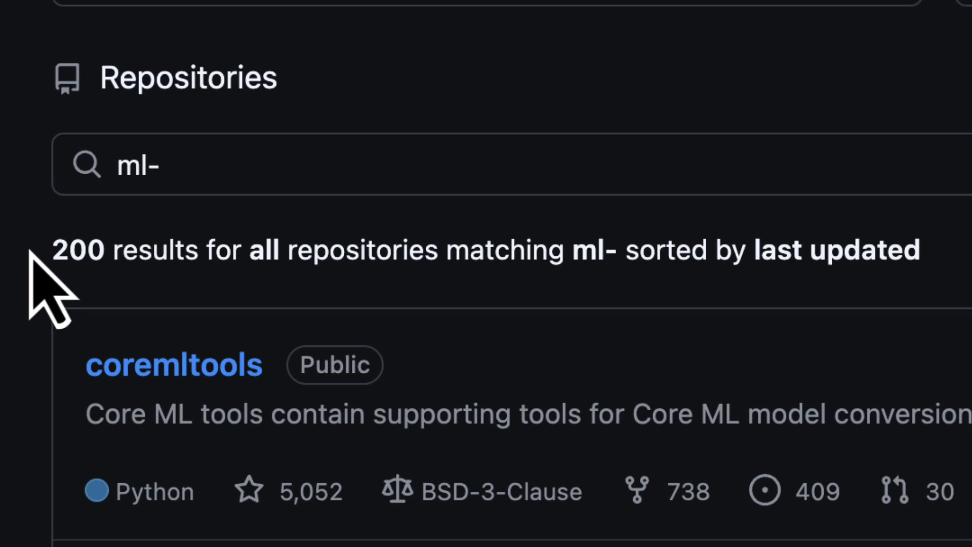 A screenshot of Apple's GitHub page showing a search for "ml-" yielding 200 results, indicating their extensive work in machine learning.