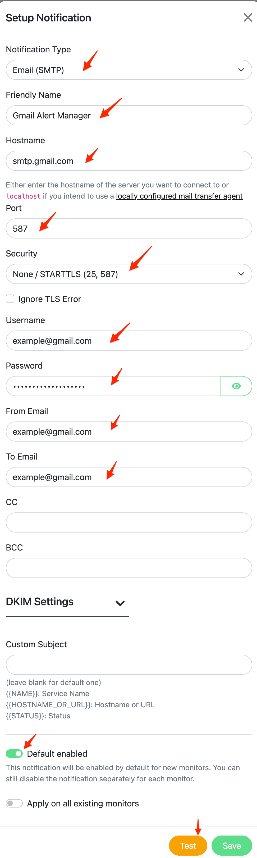 Screenshot of notification setup form filled