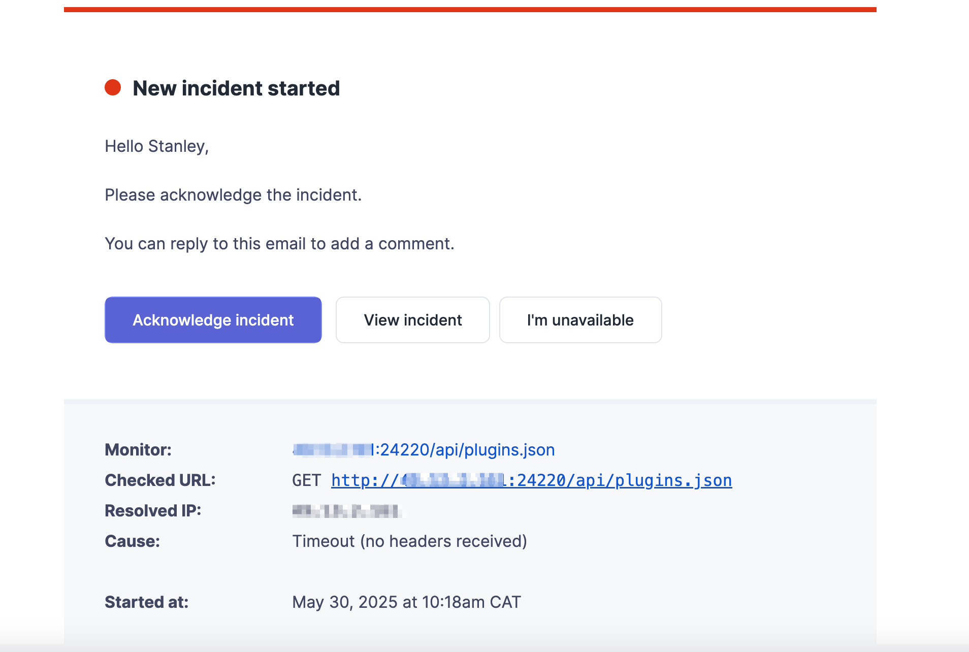 Screenshot of the email alert from Better Stack notifying of the endpoint's downtime