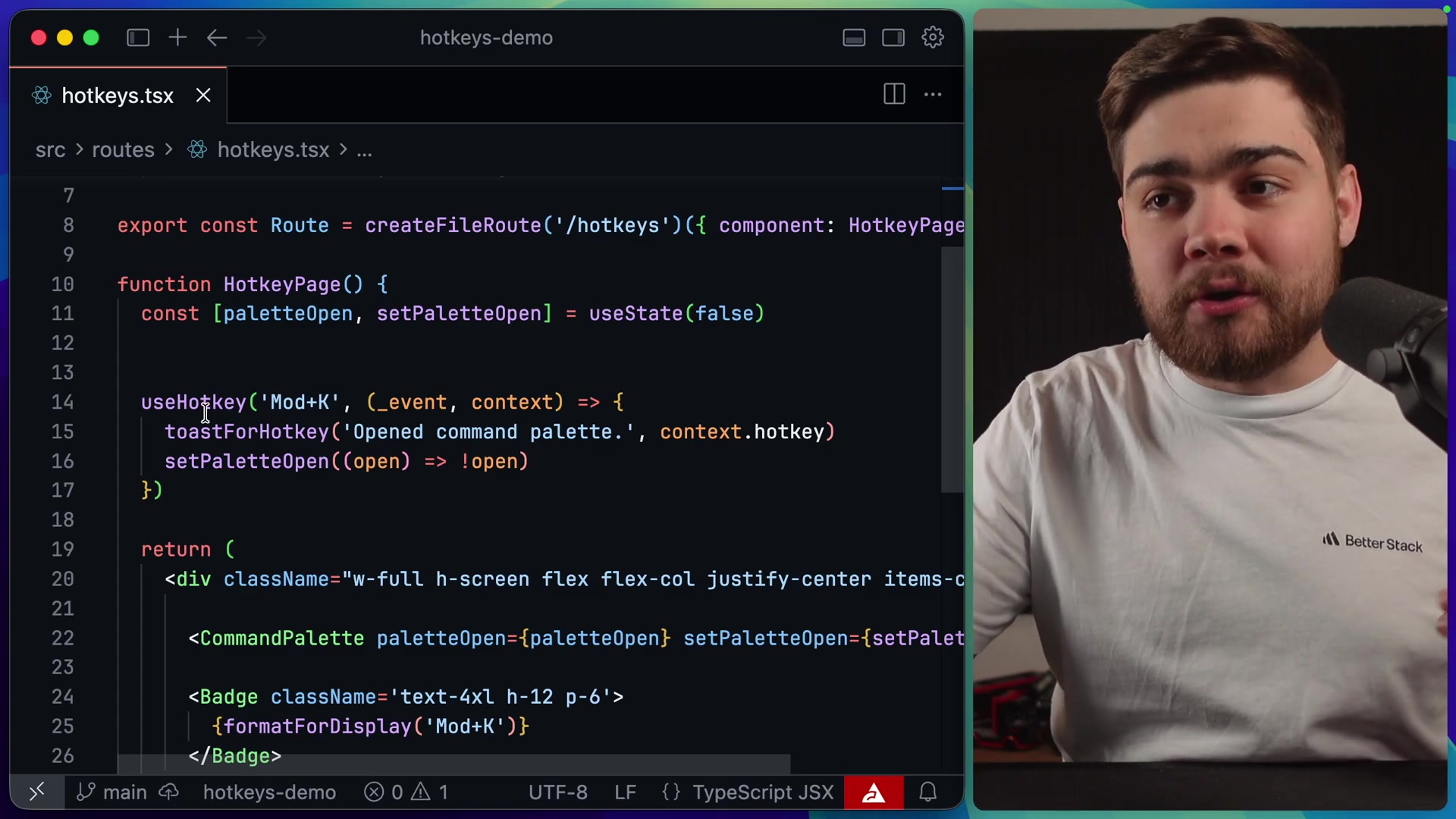 A clear code snippet showing the basic implementation of the `useHotkey` hook.