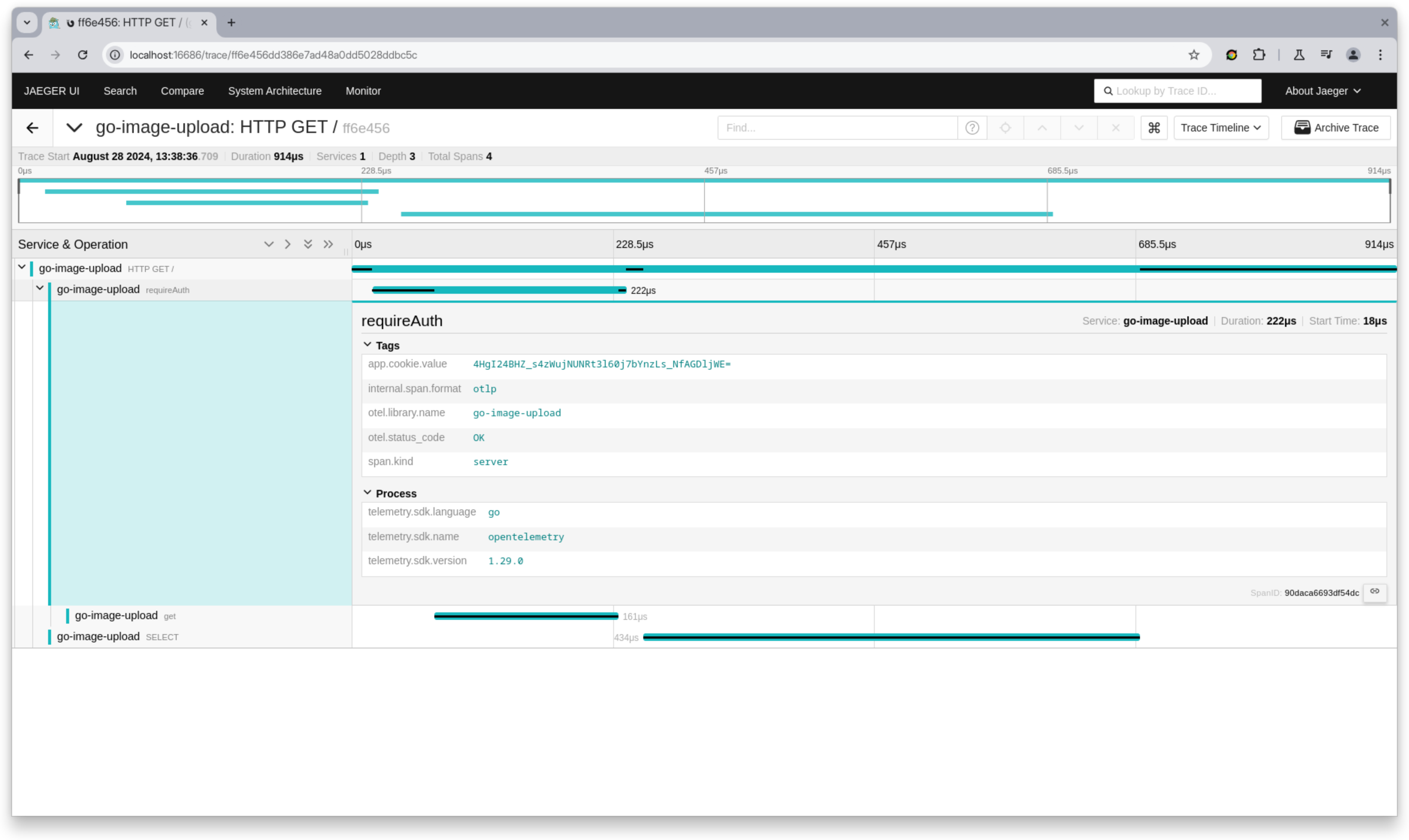 Jaeger UI showing trace spans from custom instrumentation