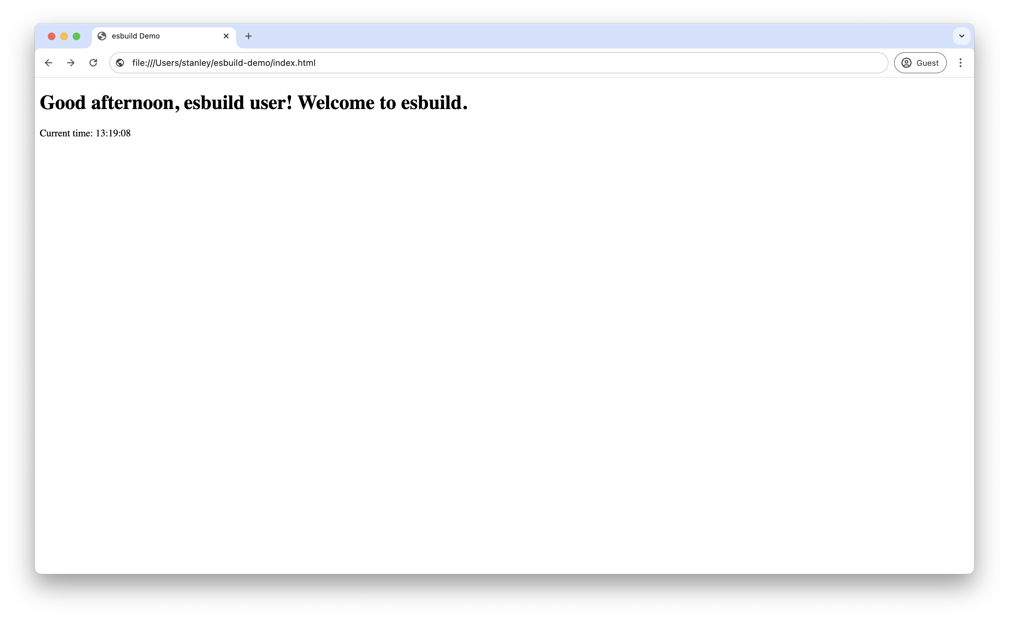 Screenshot showing the updated esbuild application in the browser after a rebuild, displaying the new greeting and current time