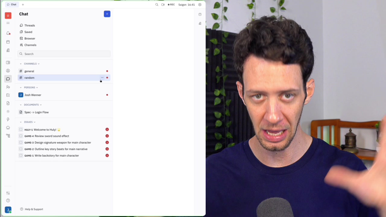 A view of the Huly chat interface, with a channel list on the left ("general", "random") and the main message window on the right.