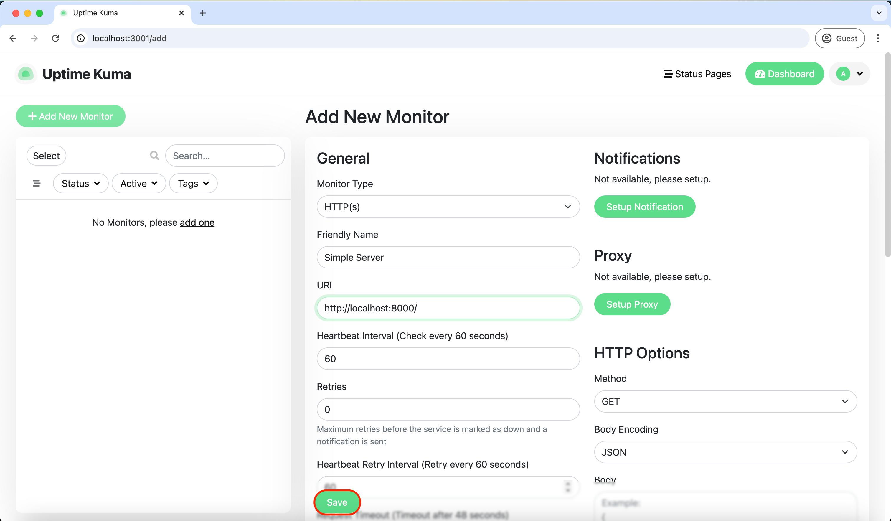 Screenshot of the monitor setup page