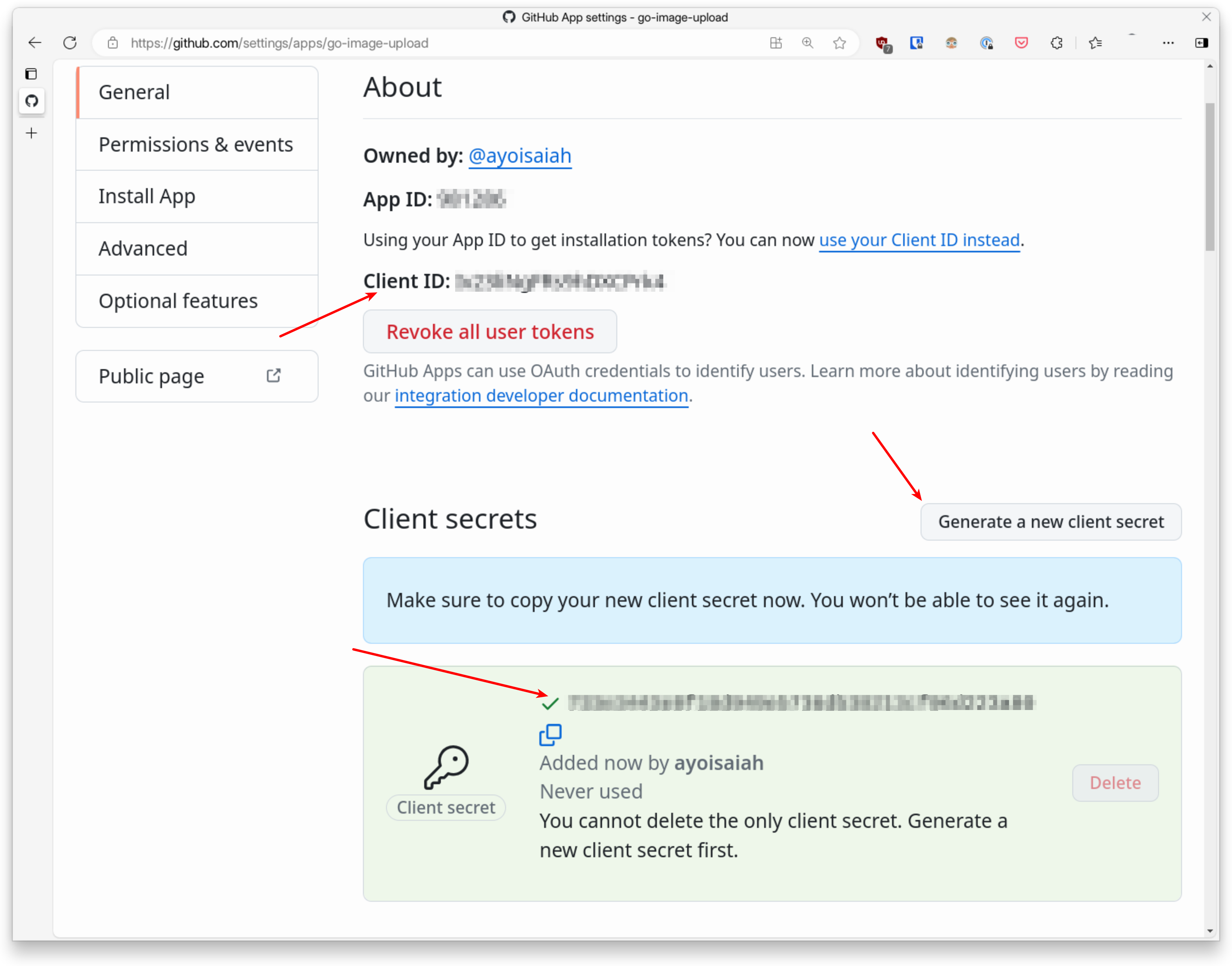 GitHub App Copy Client Secret and Client ID