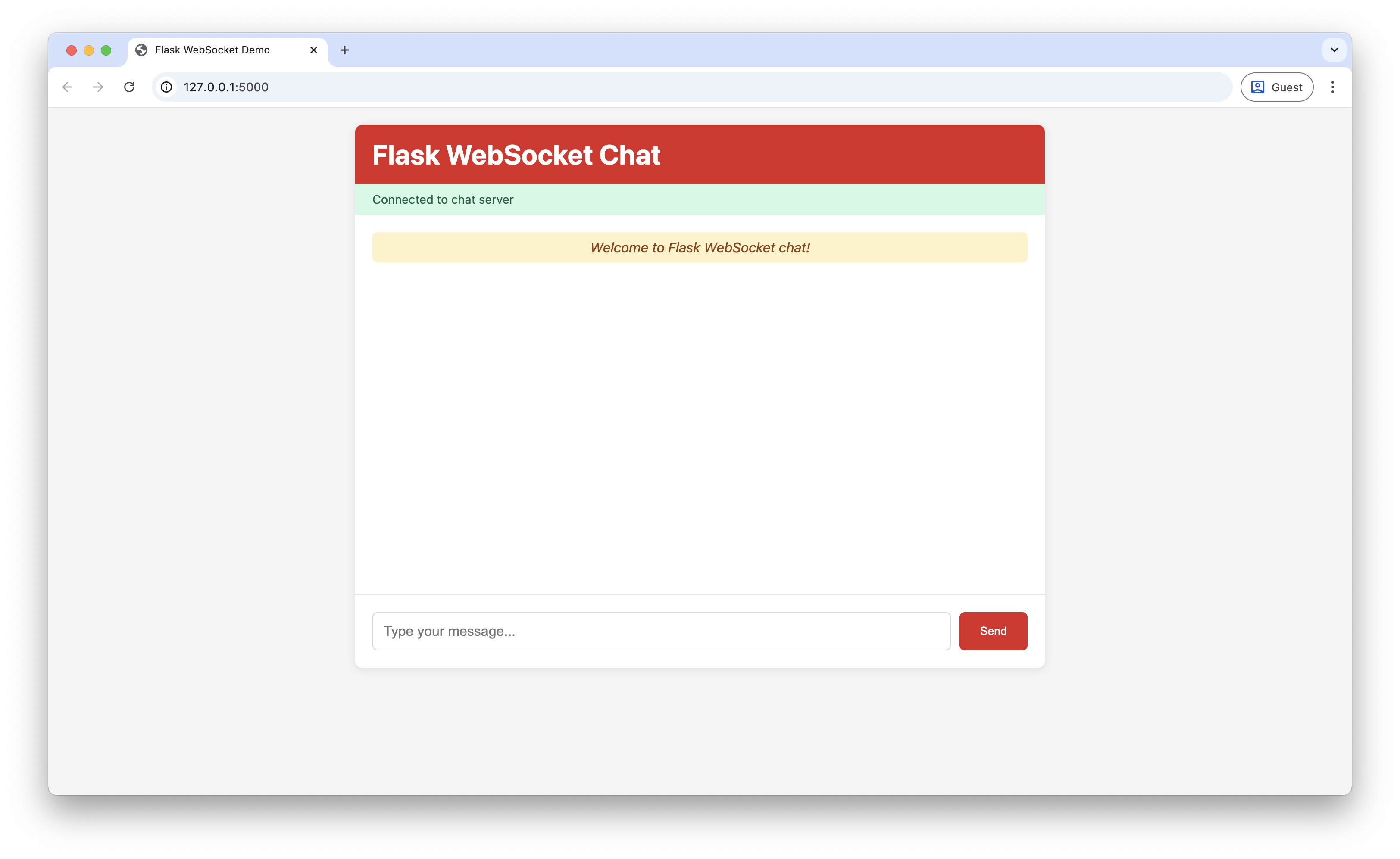 Screenshot of Flask WebSocket chat interface showing successful connection with welcome message