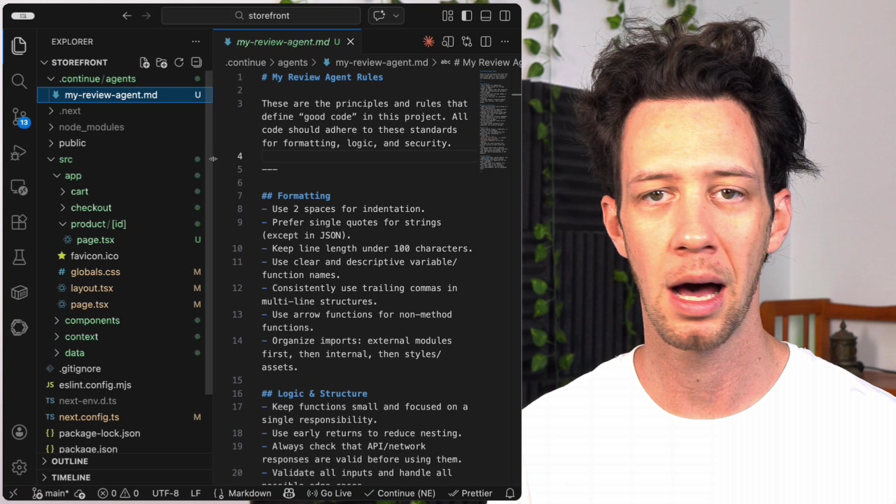 The content of the `my-review-agent.md` file in VS Code, showing detailed, structured rules for the AI agent.