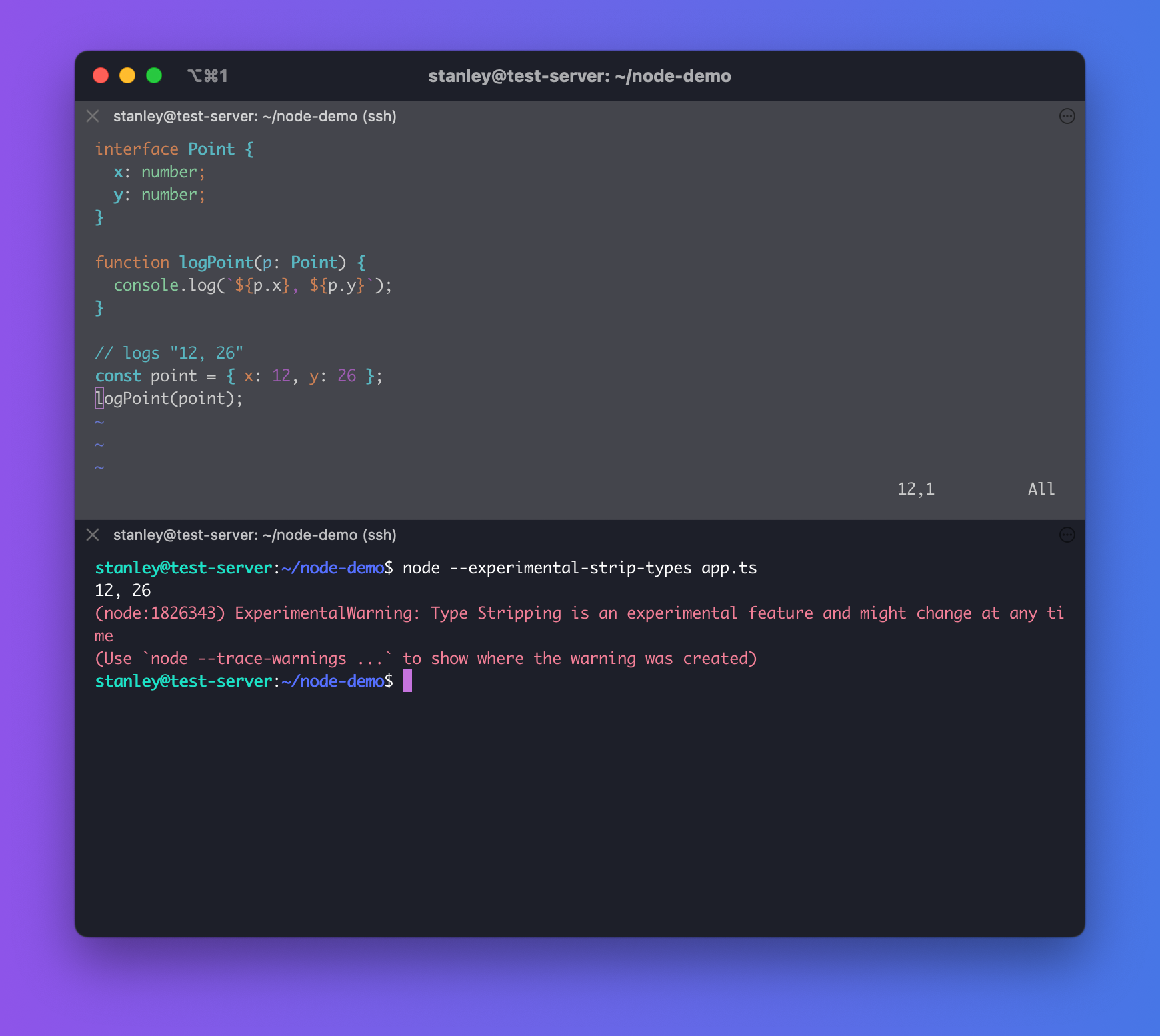 Screenshot of Node.js natively executing TypeScript