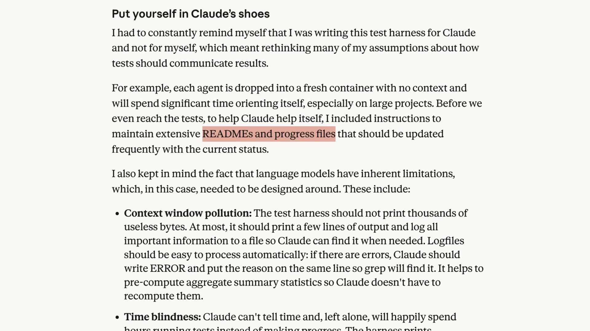 A text snippet highlighting "READMEs and progress files".