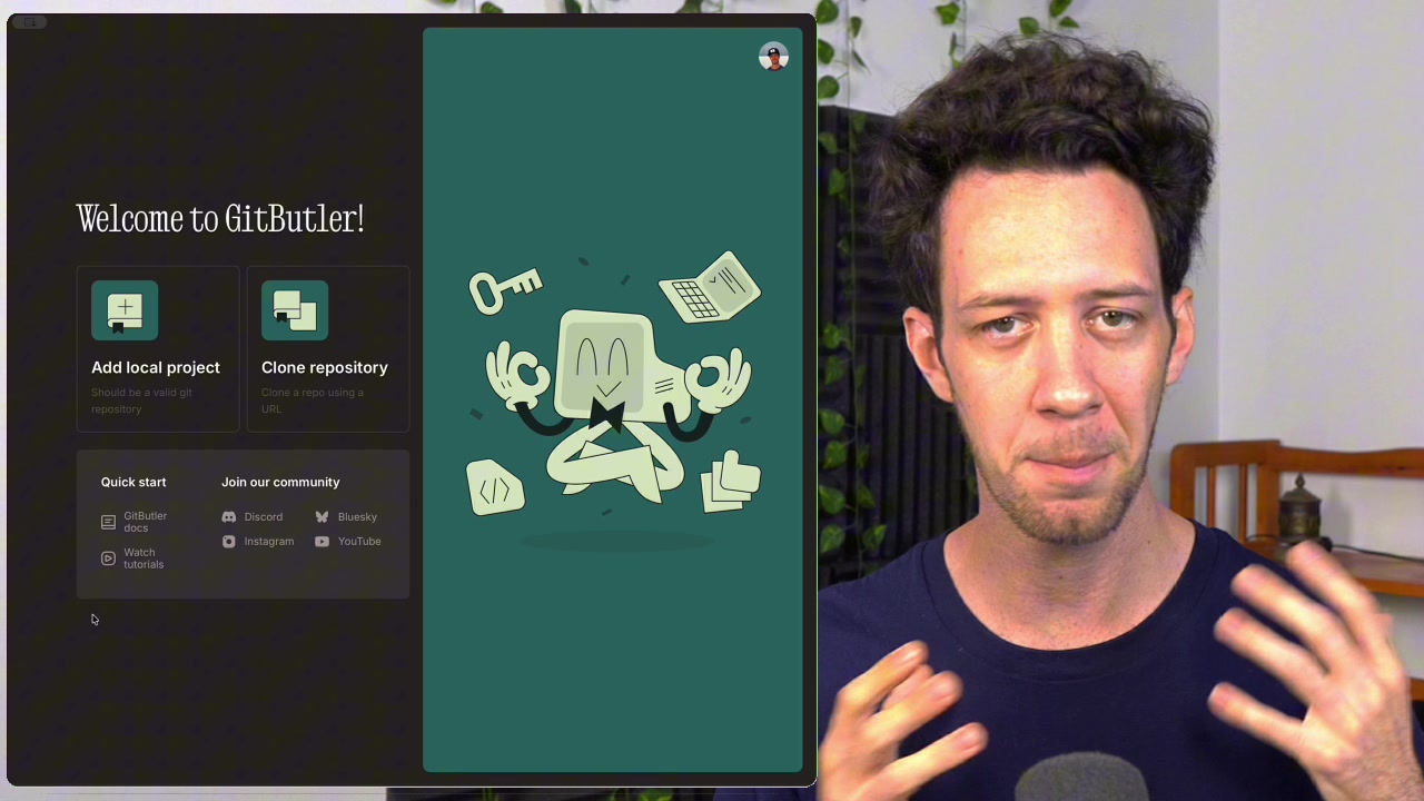 The GitButler welcome screen, showing options to "Add local project" or "Clone repository".