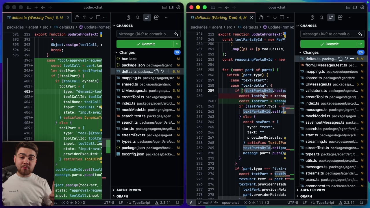A side-by-side screenshot showing the code diffs from both models, highlighting the different changes made to the same files.