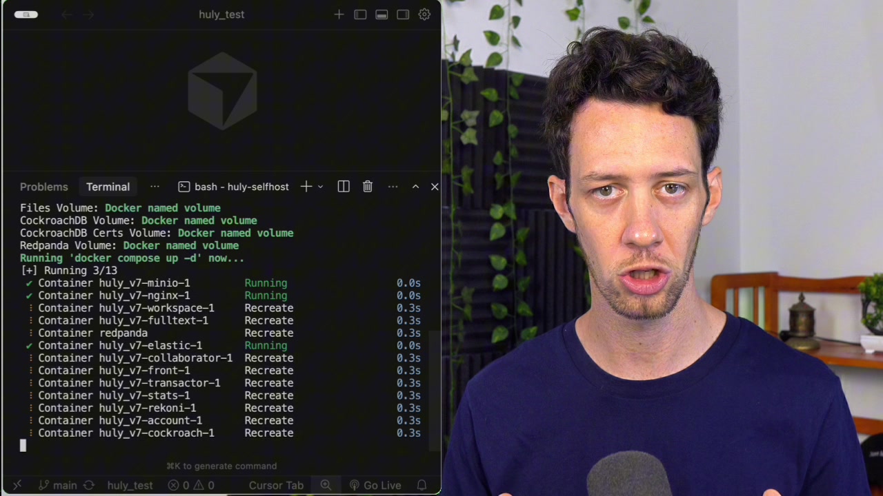 Terminal output displaying the status of multiple Docker containers being created and started, with green "Running" and "Started" indicators.