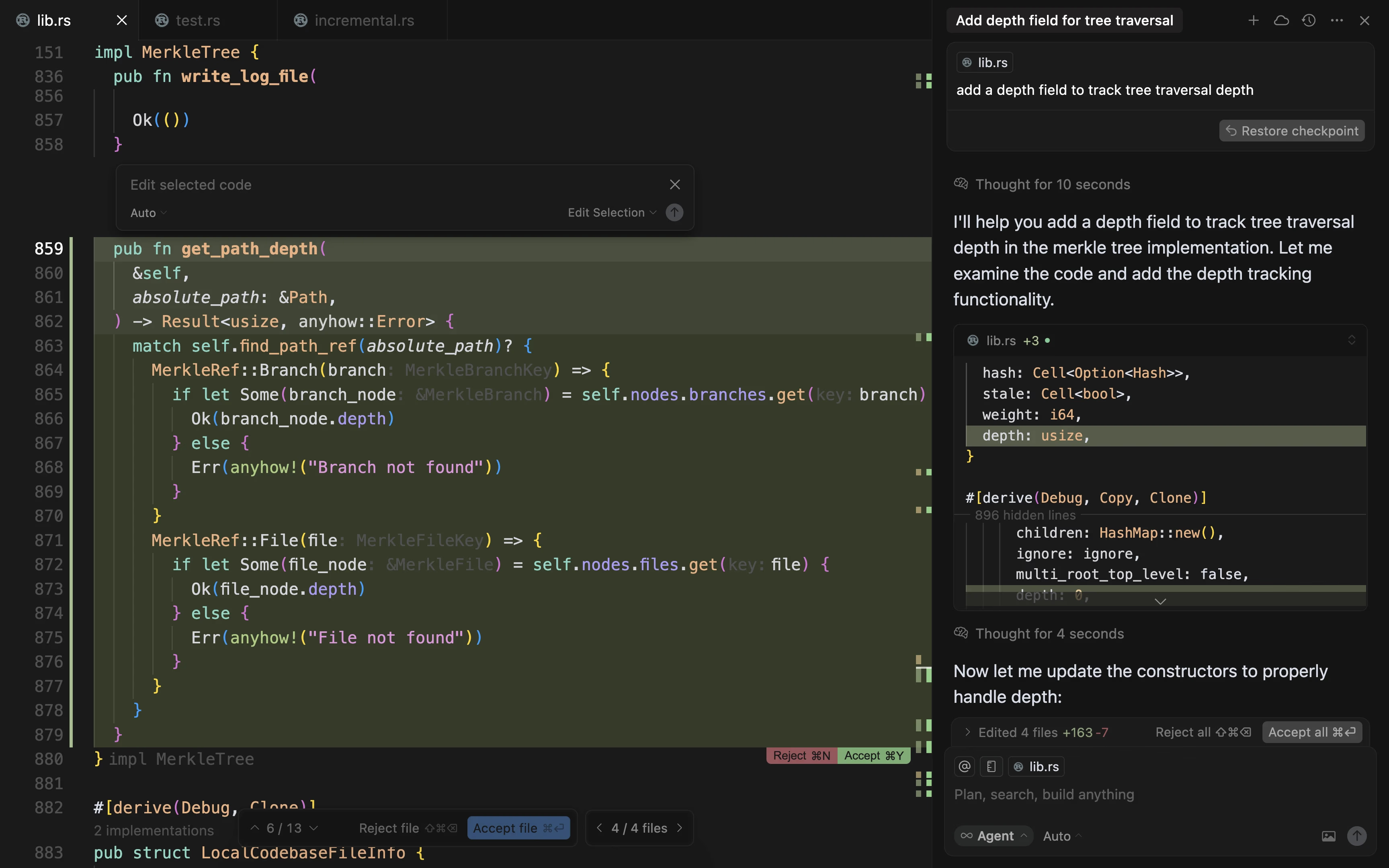 Cursor editor showing AI agent mode and Tab completion