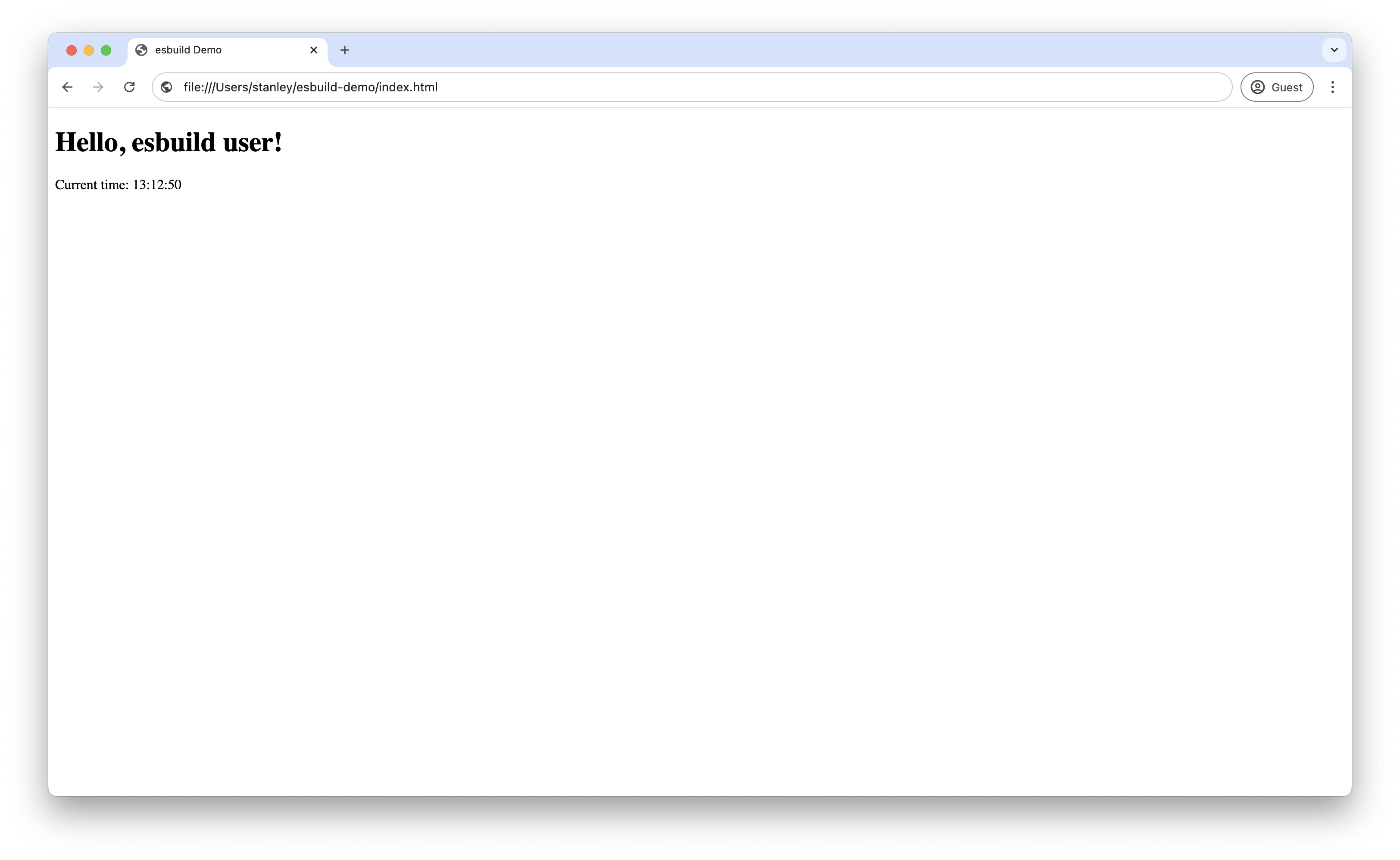 Screenshot of a basic esbuild application showing the heading "Hello, esbuild user!" and the current time