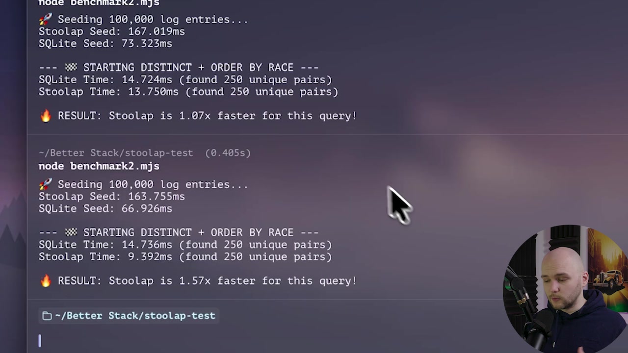 The terminal output for the second benchmark showing the performance results for the DISTINCT + ORDER BY query.