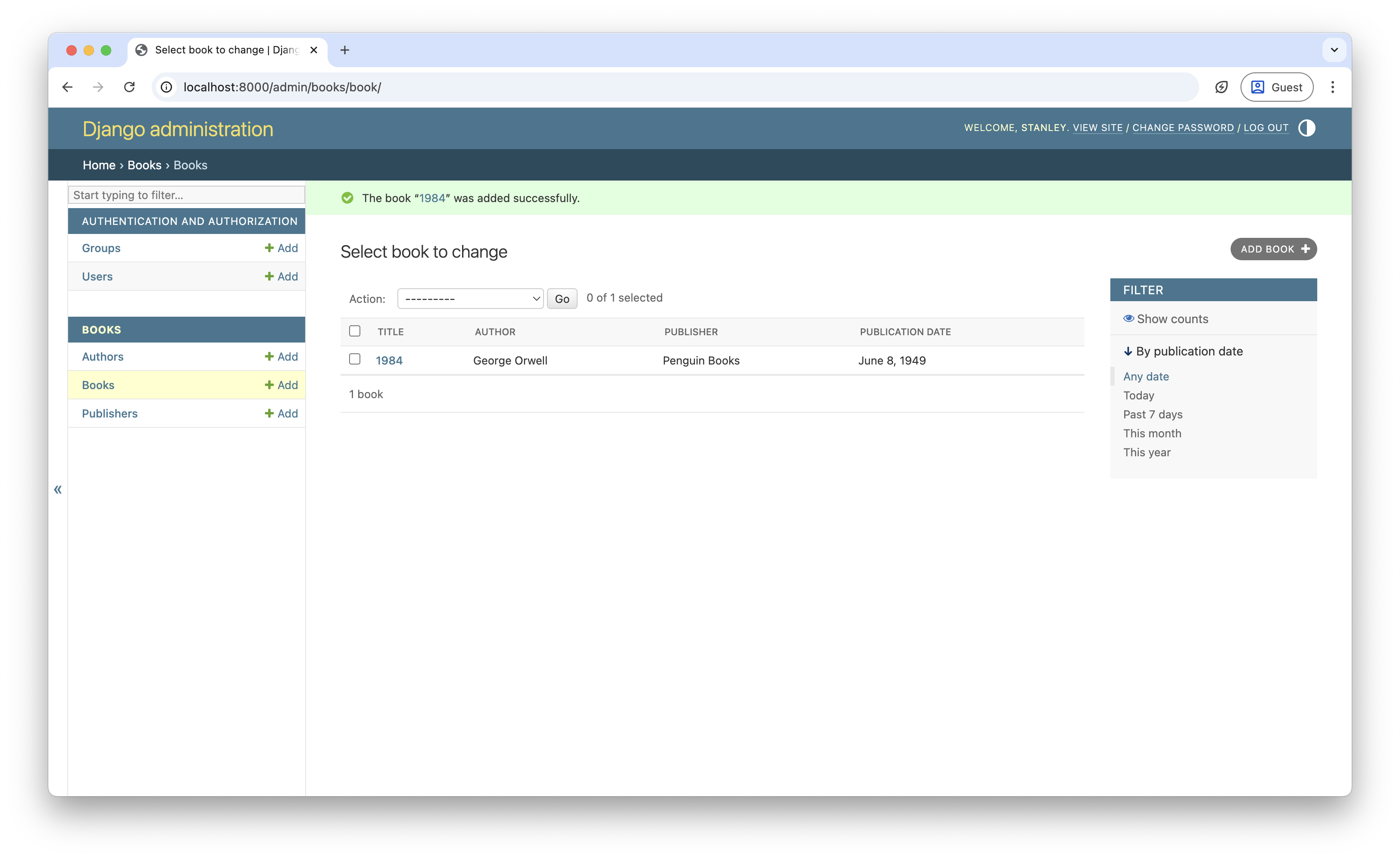 Screenshot showing the Django admin books list with the new book