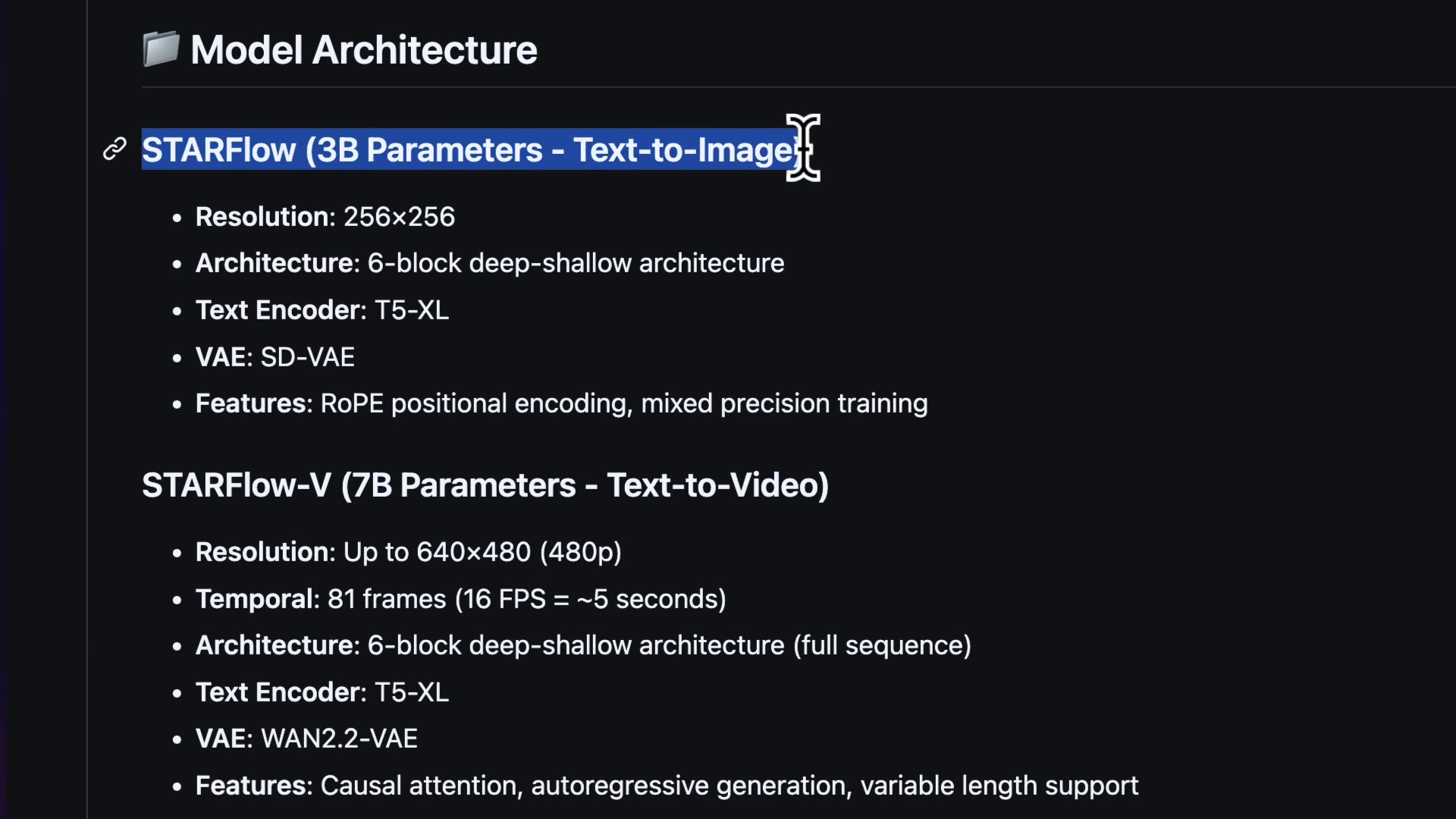 The Model Architecture section from the STARFlow GitHub README, clearly distinguishing between the Text-to-Image and Text-to-Video models and their respective parameters.