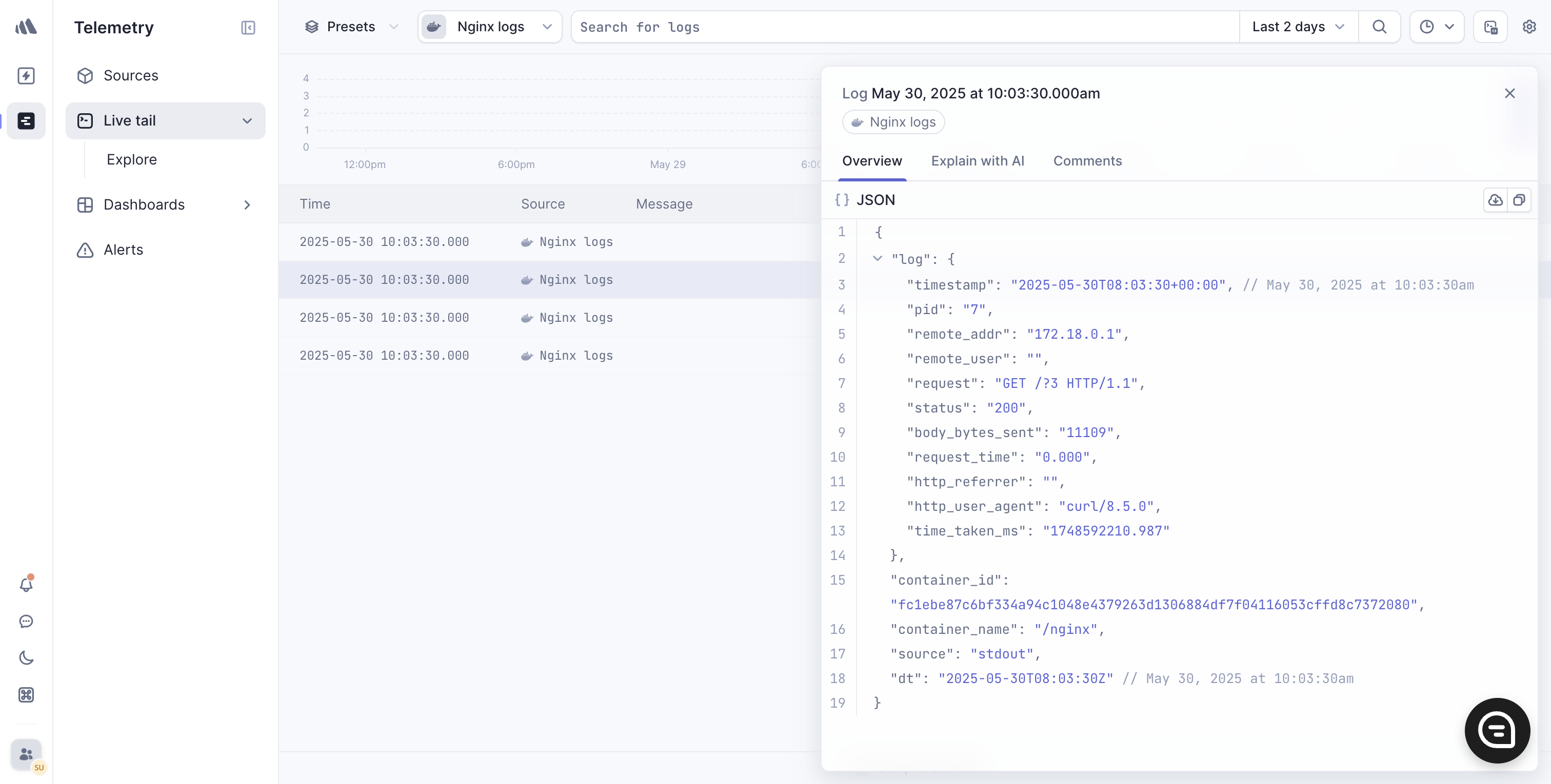 Nginx logs in Better Stack live tail