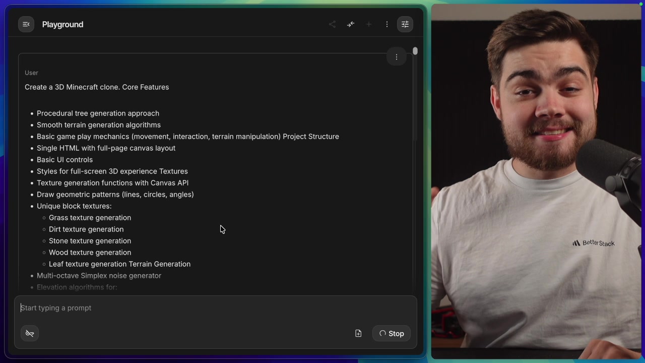 The detailed prompt for creating a 3D Minecraft clone shown in the Google AI Studio Playground.