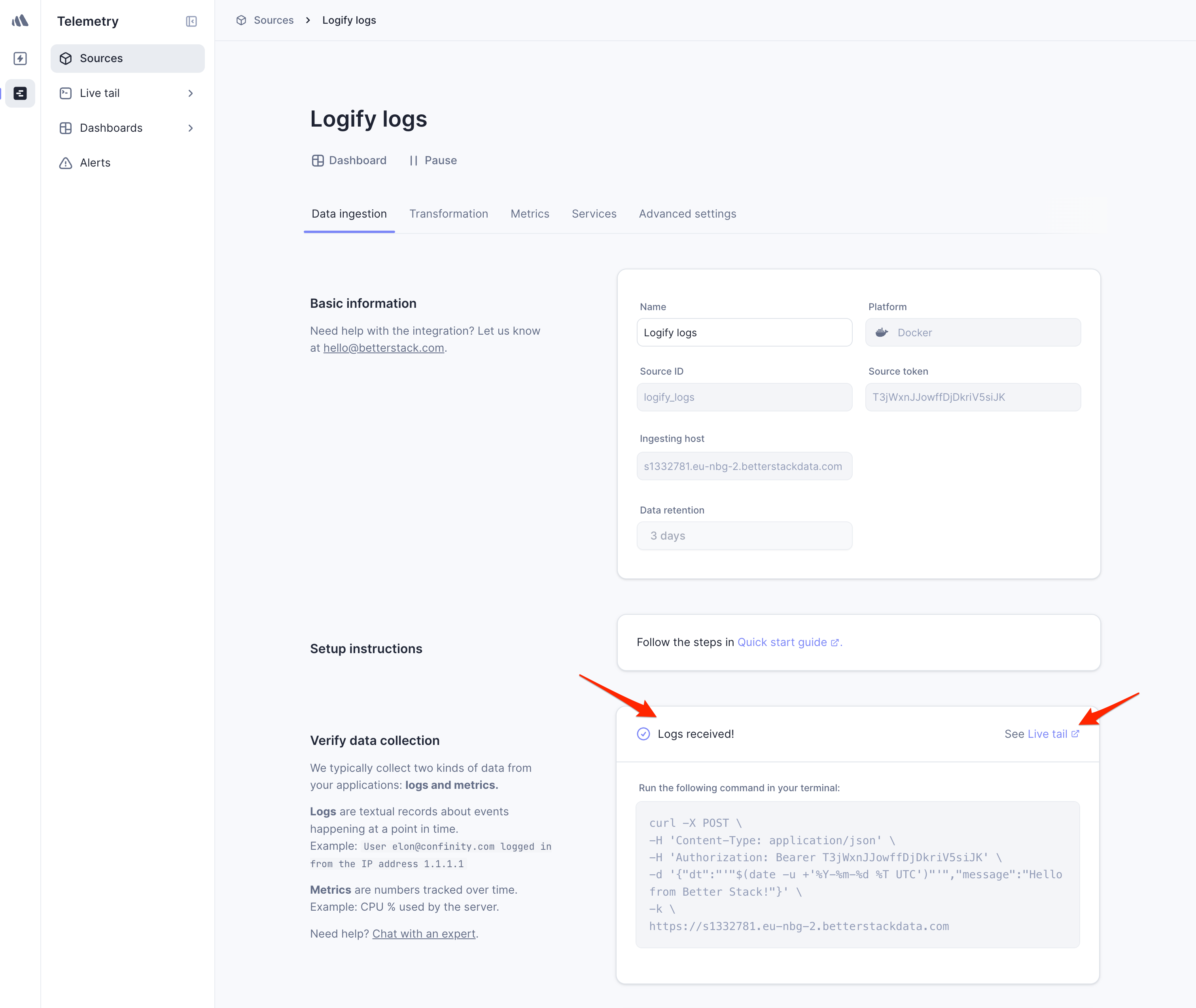 Better Stack dashboard showing a log source with the status 'Logs received!' and the 'Live tail' button highlighted for real-time log viewing."