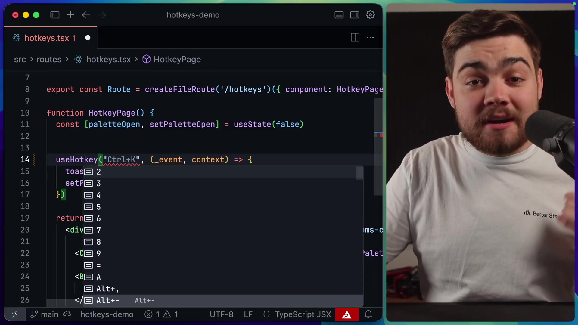 The code editor showing a dropdown list of valid key combinations as the developer types, demonstrating the library's type-safety.