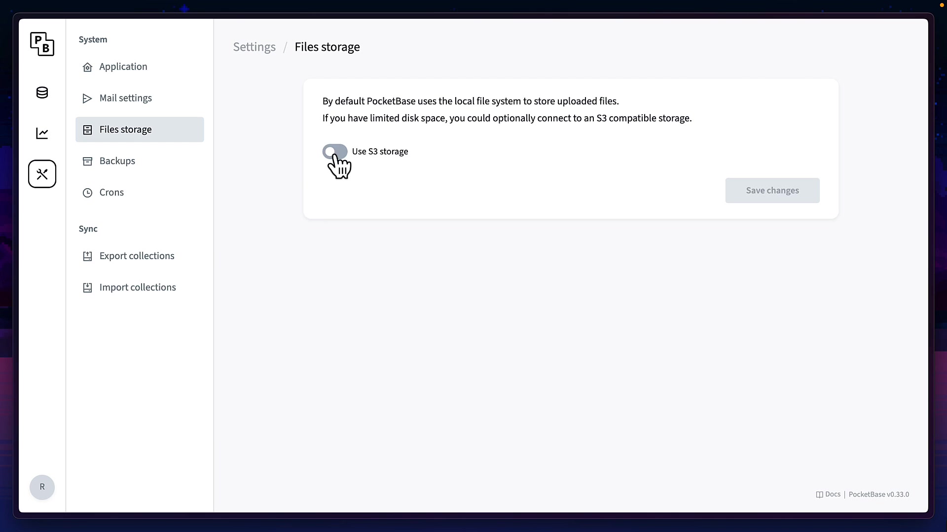 The "Files storage" settings page in the admin dashboard, showing the toggle to enable S3 storage and the corresponding input fields for endpoint, bucket, and keys.